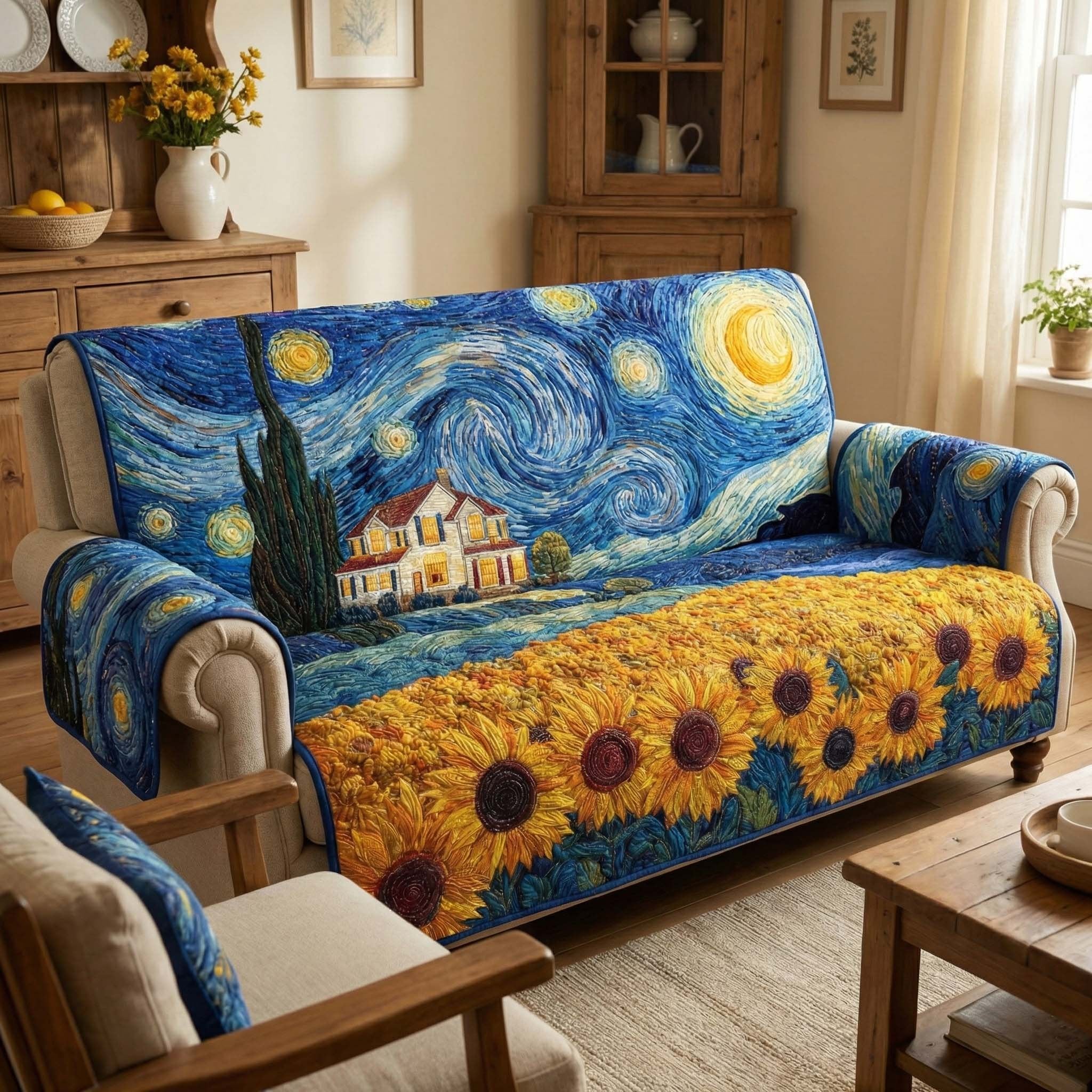 Swirling Starry Night Above the Sunflowers Sofa Cover