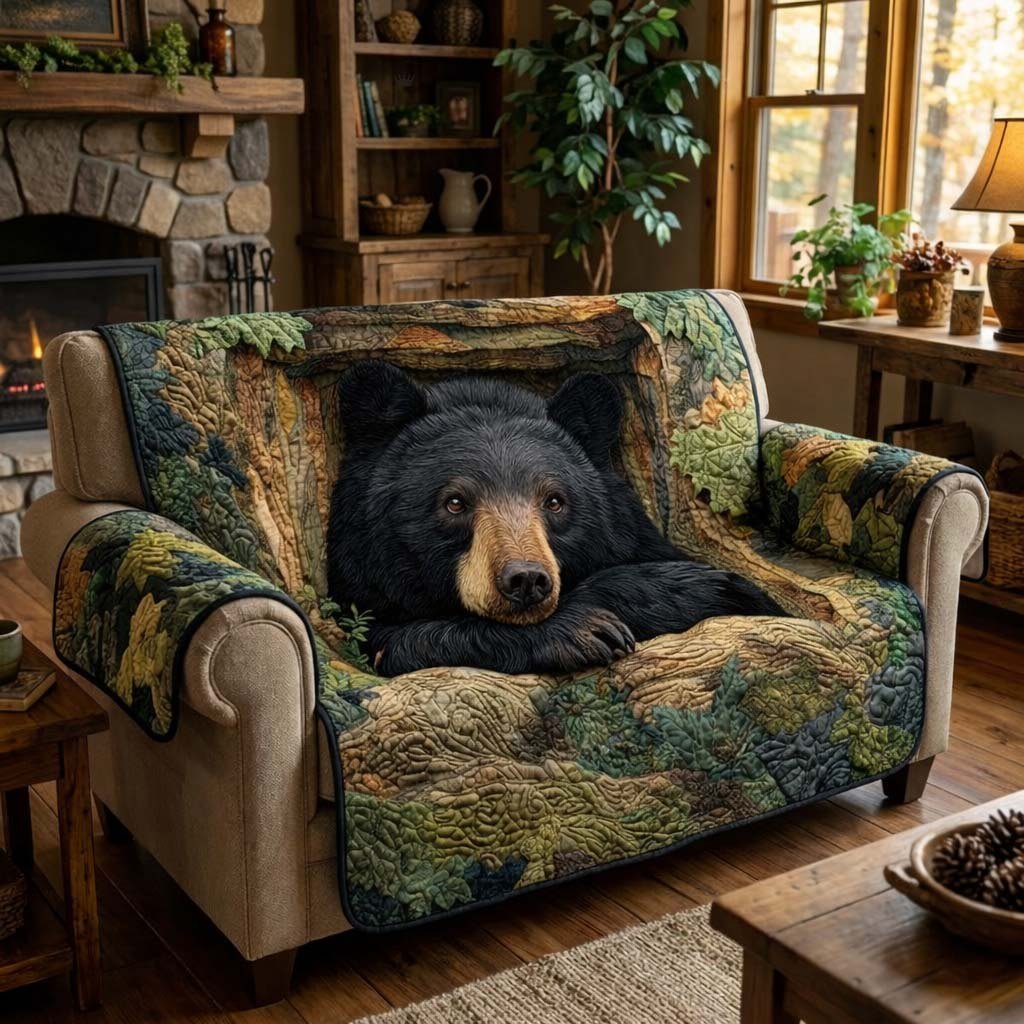 Resting Black Bear in Green Woods Sofa Cover