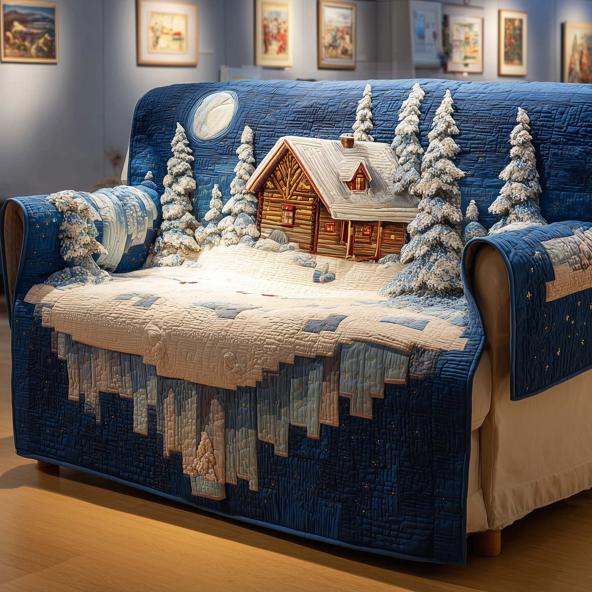 Log Cabin in the Blue Snowfall Sofa Cover