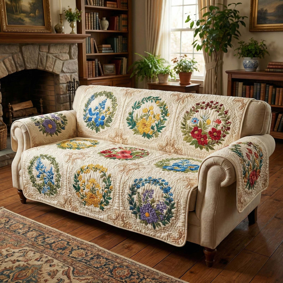 Flower Wreaths on Cream Blocks Sofa Cover