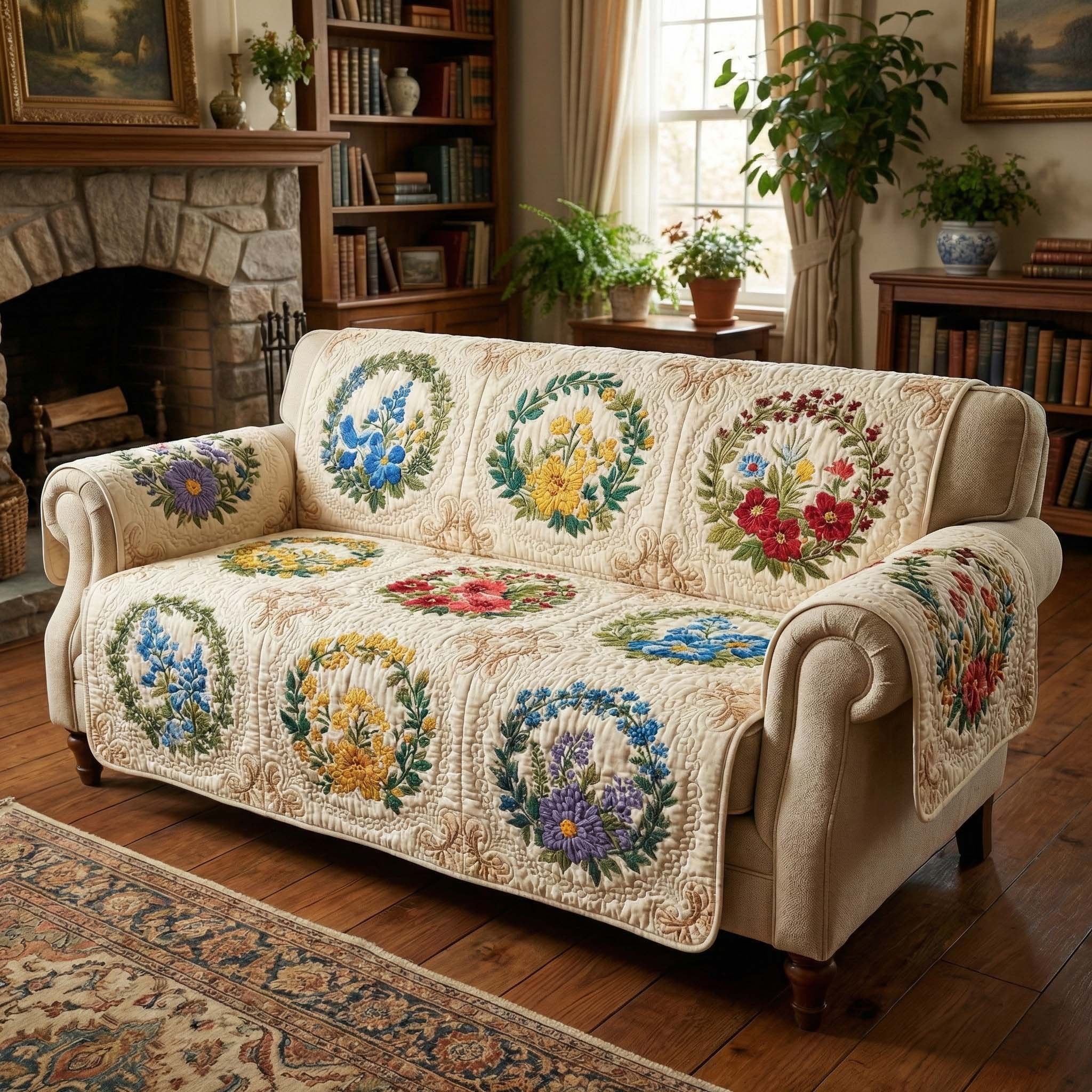 Flower Wreaths on Cream Blocks Sofa Cover