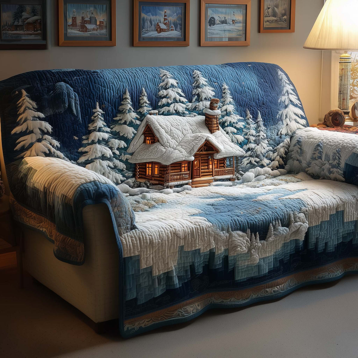 Cabin Among the Blue Snowy Pines Sofa Cover