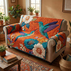 Hummingbirds on Tangerine and Teal Sofa Cover