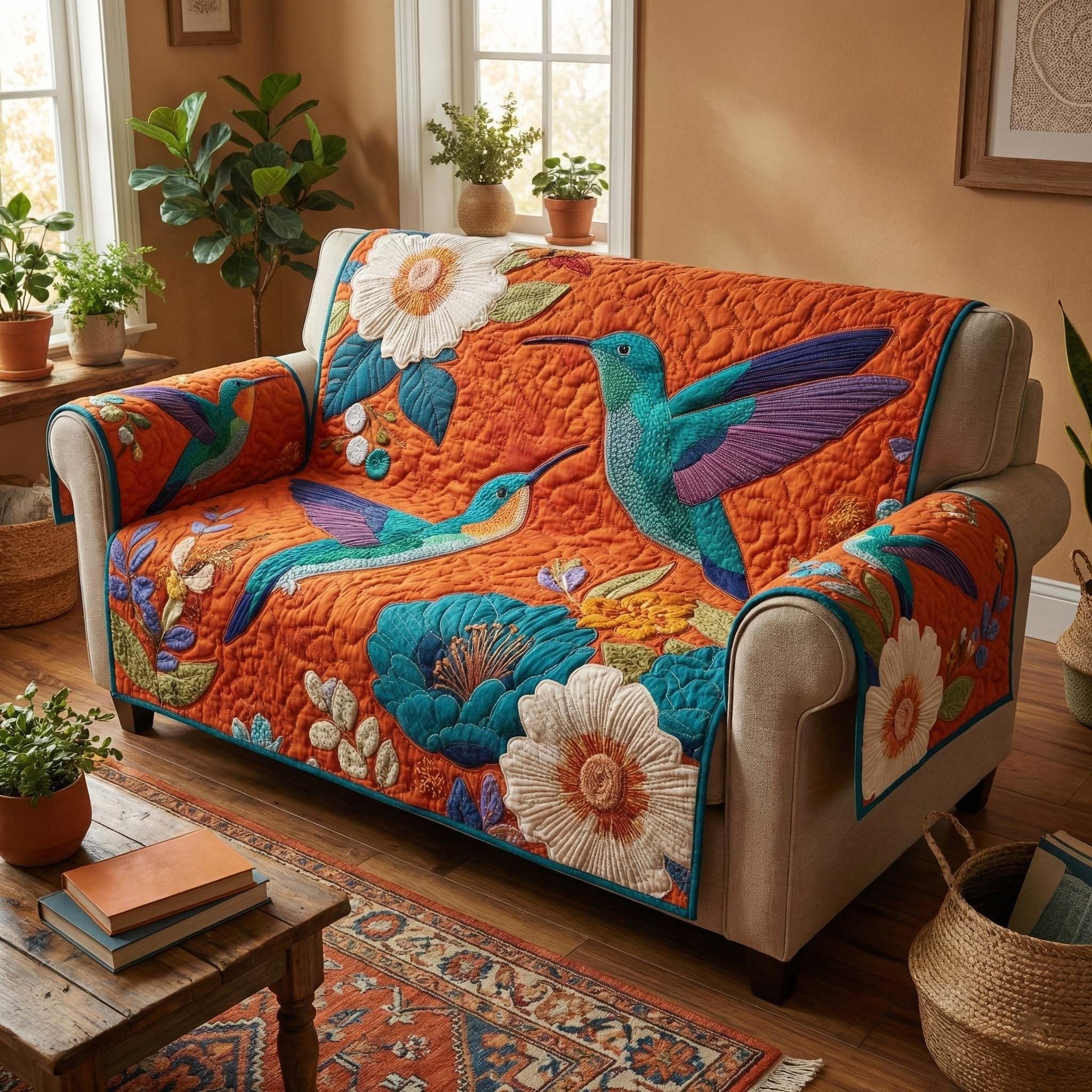 Hummingbirds on Tangerine and Teal Sofa Cover