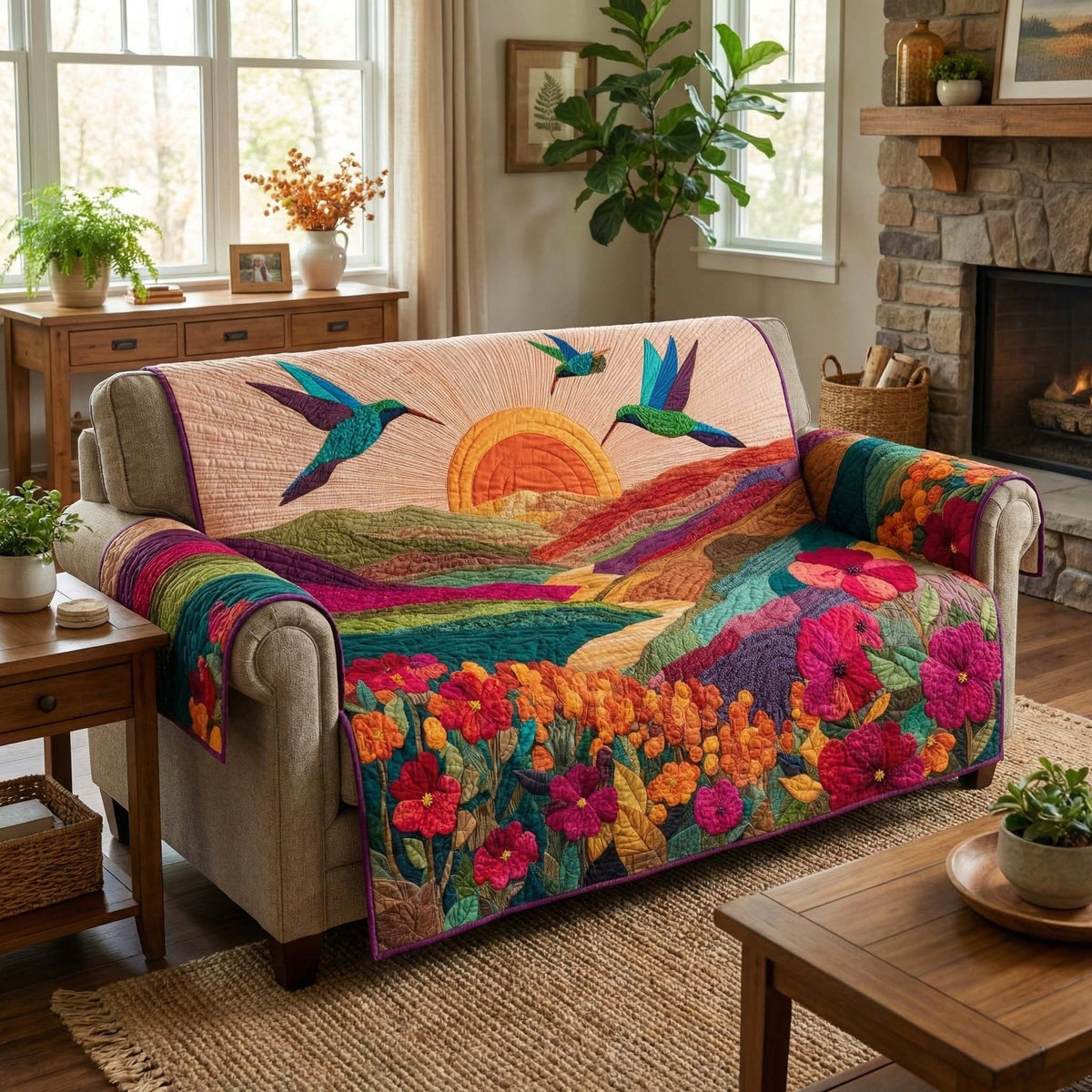 Hummingbirds Over the Sunset Flower Field Sofa Cover