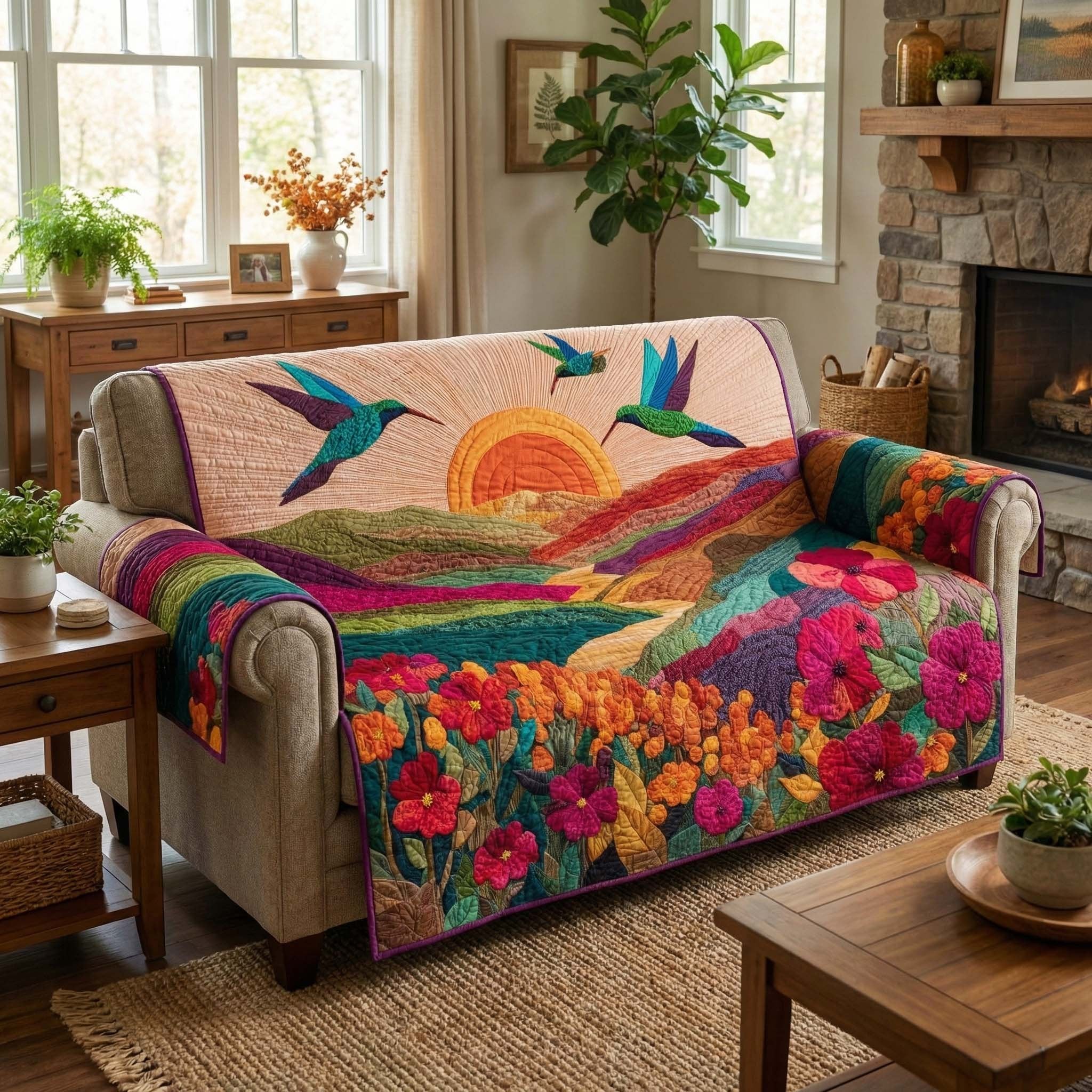 Hummingbirds Over the Sunset Flower Field Sofa Cover