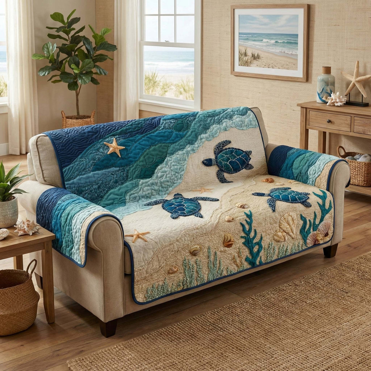 Sea Turtle Gliding Over Coral Reef Sofa Cover