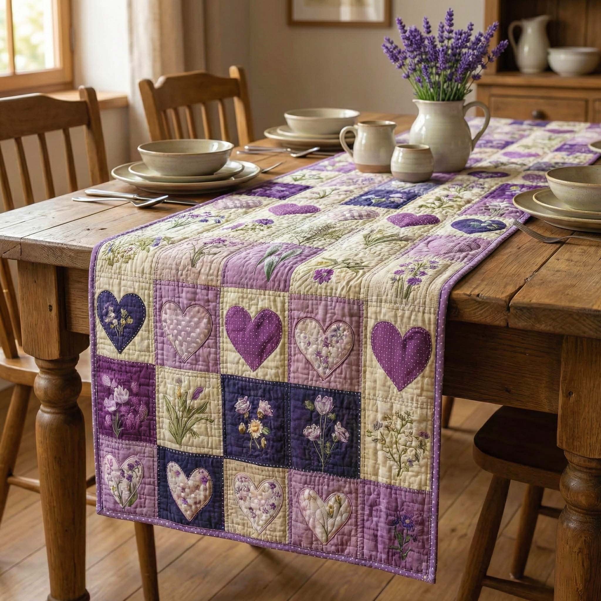 Purple Hearts and Flower Blocks Table Runner