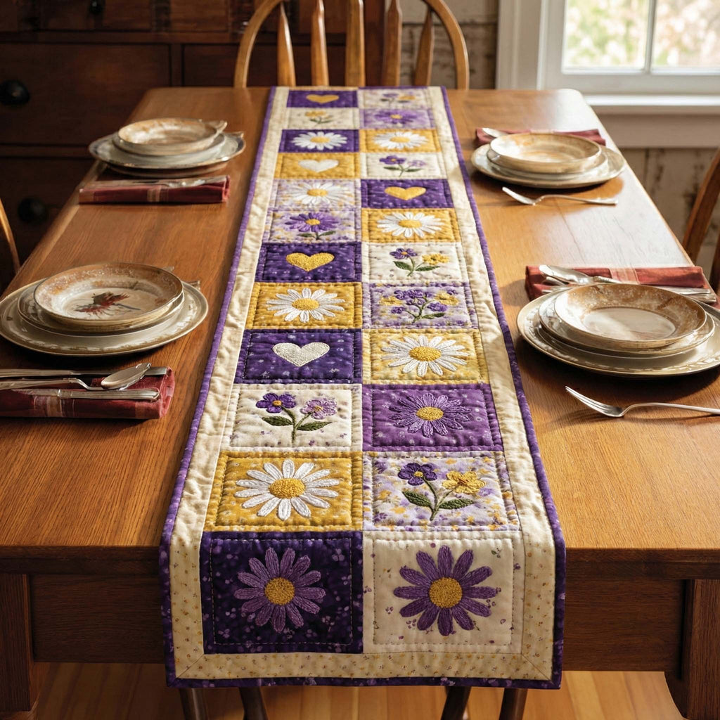 Purple Daisies in Cream Squares Table Runner