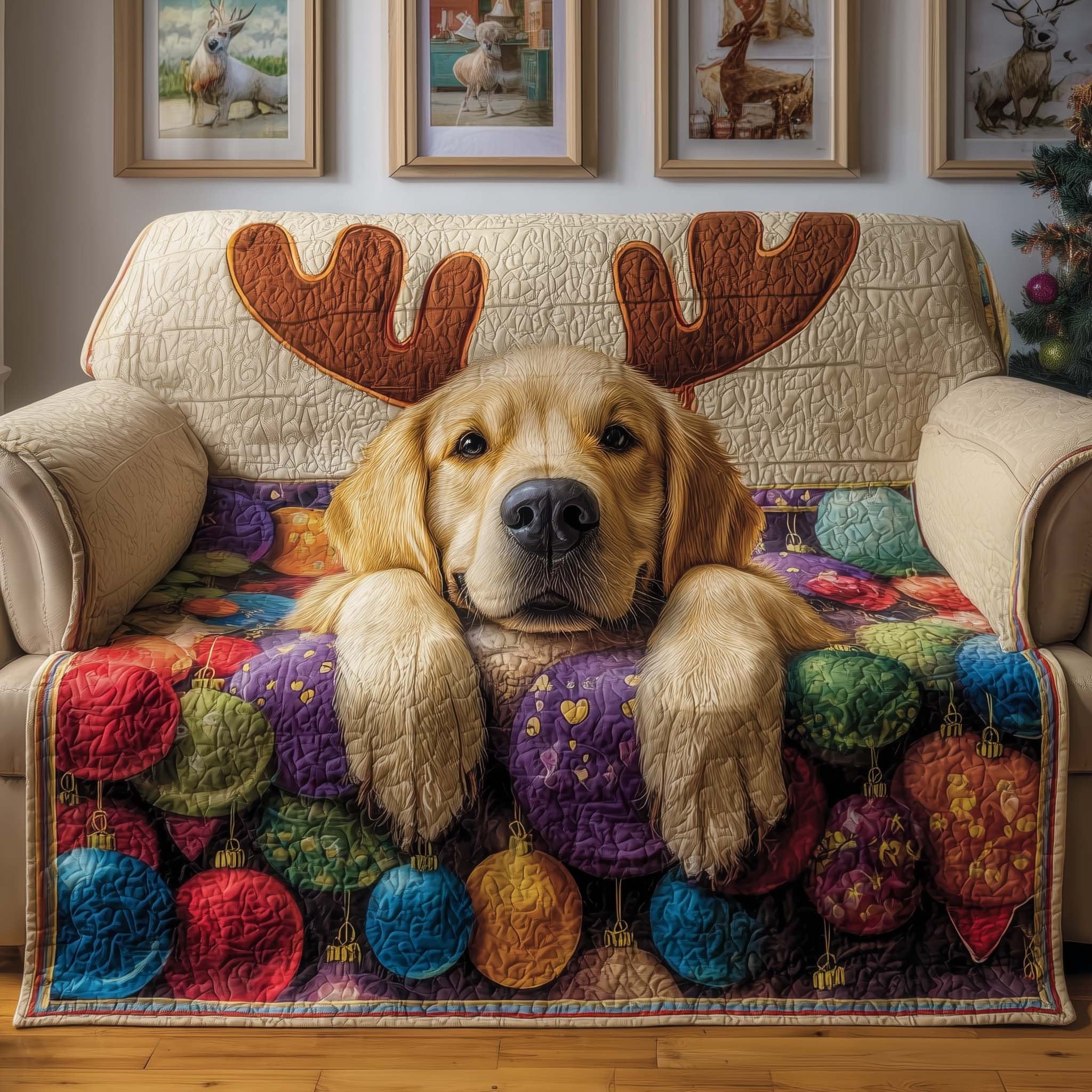 Golden Retriever with Antlers and Yarn Sofa Cover