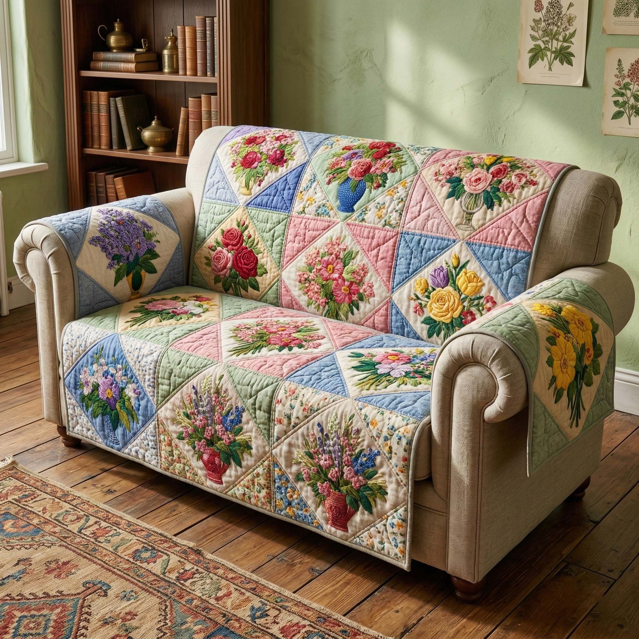 Pastel Flower Blocks with Hearts Sofa Cover