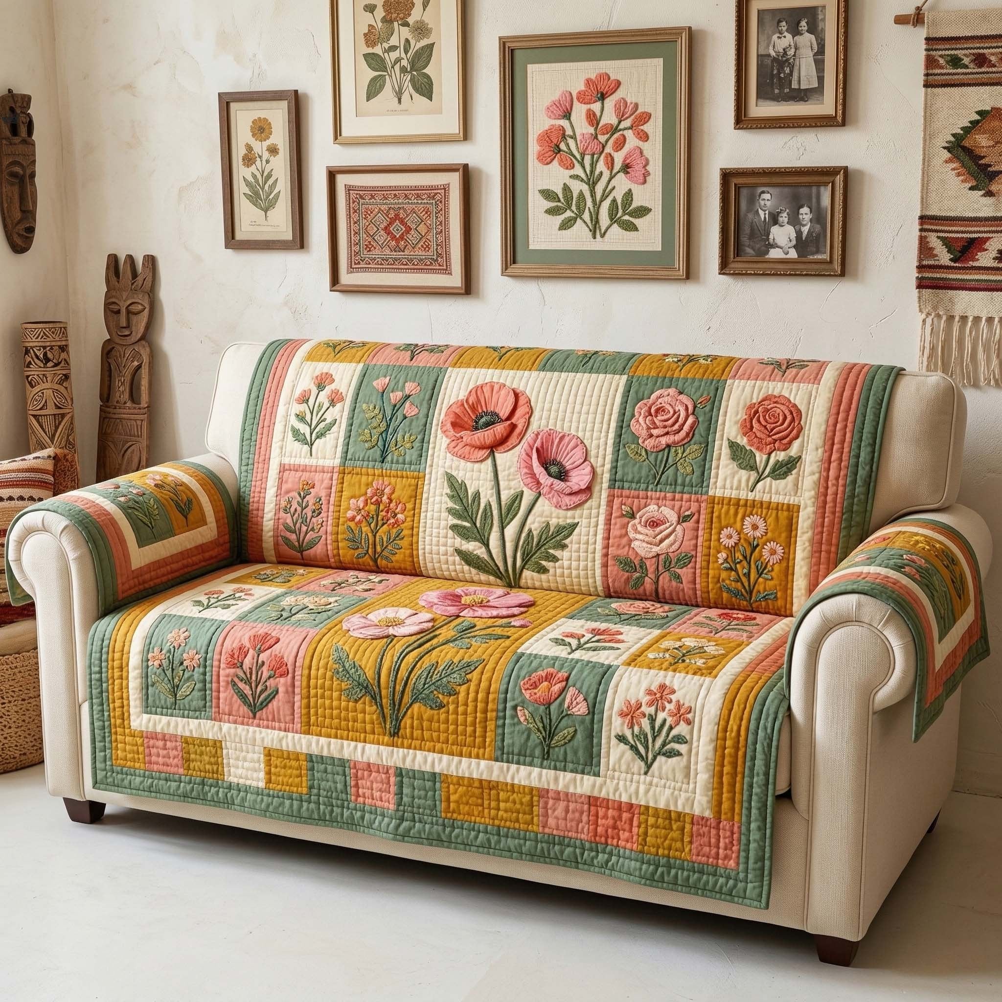 Flower Blocks in Pink and Sage Sofa Cover