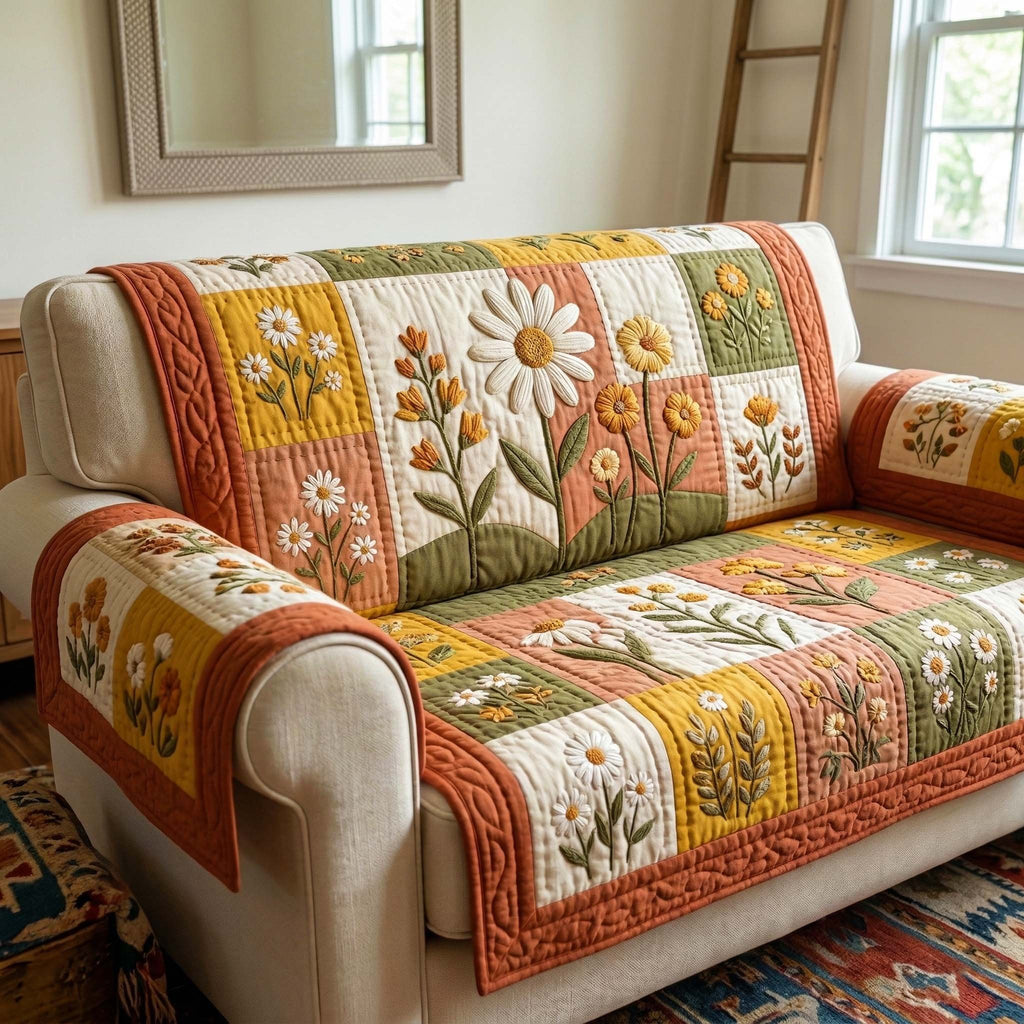 Daisies on Green and Apricot Squares Sofa Cover
