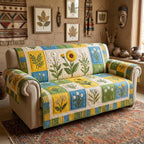 Wildflowers on Blue and Green Blocks Sofa Cover