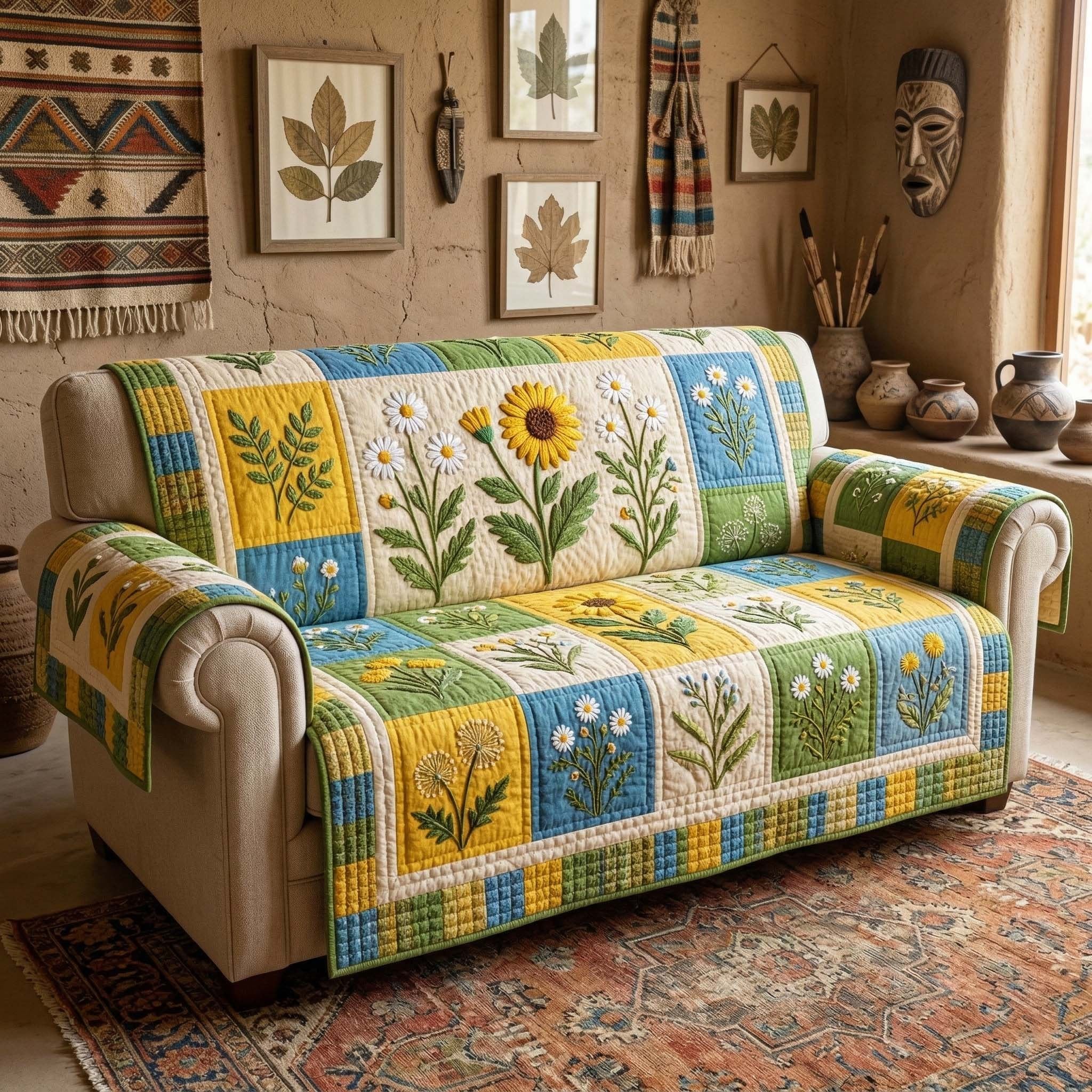 Wildflowers on Blue and Green Blocks Sofa Cover
