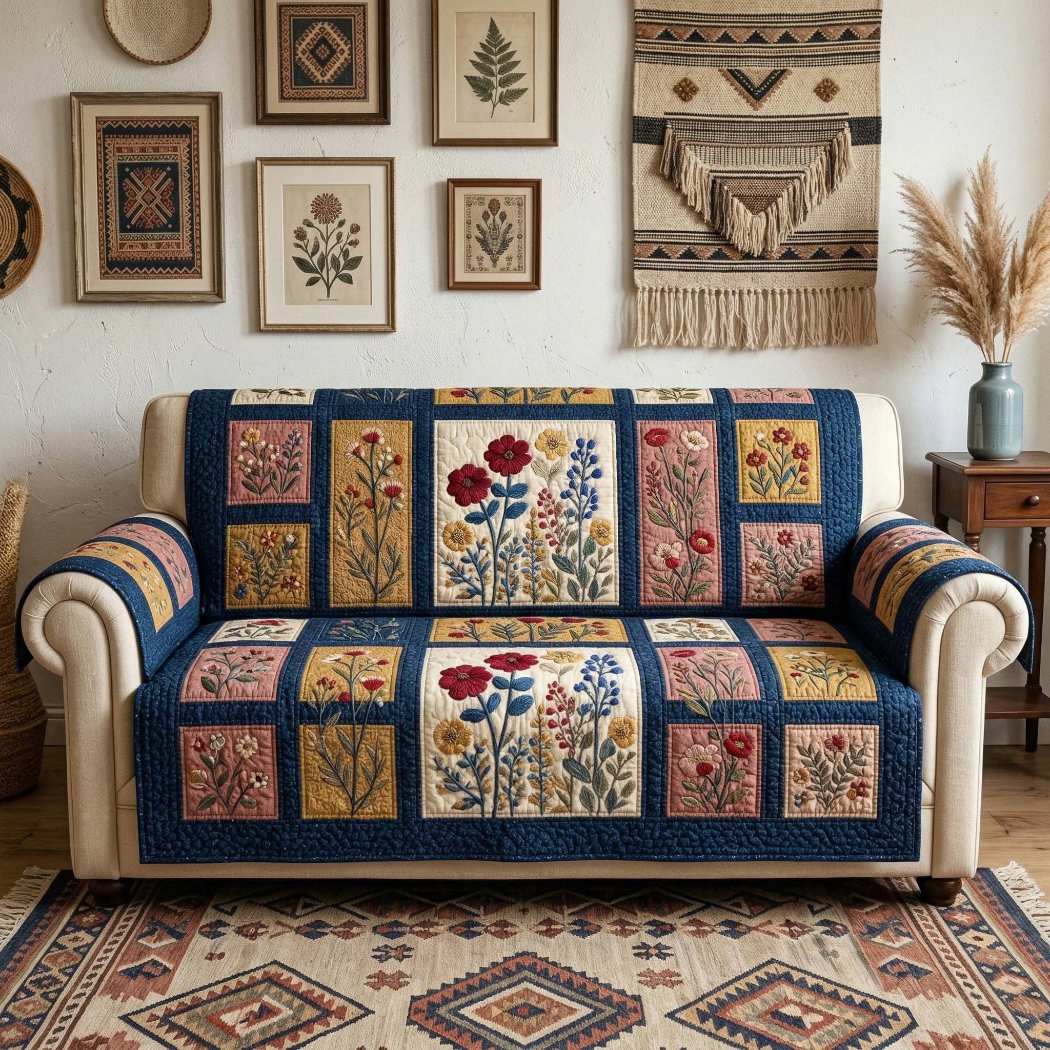 Wildflowers on Deep Navy Panels Sofa Cover