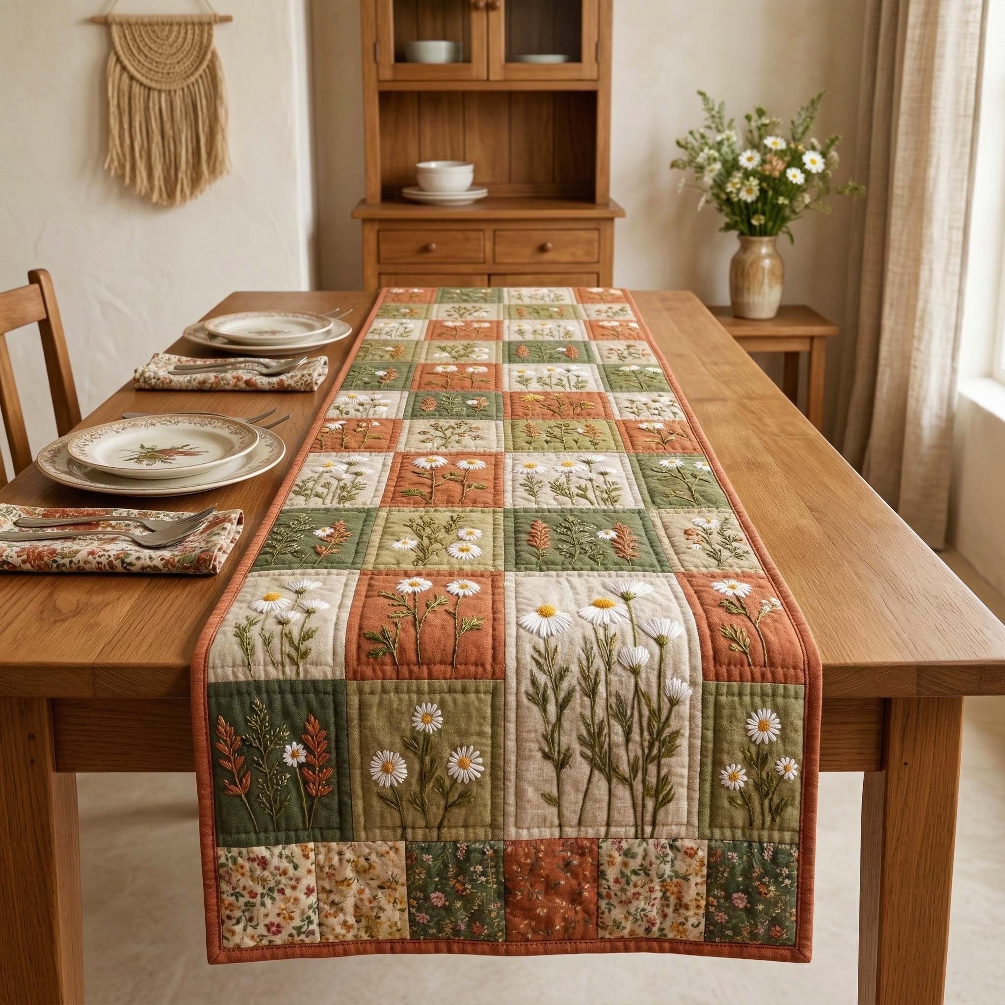 Green and Rust Wildflower Squares Table Runner