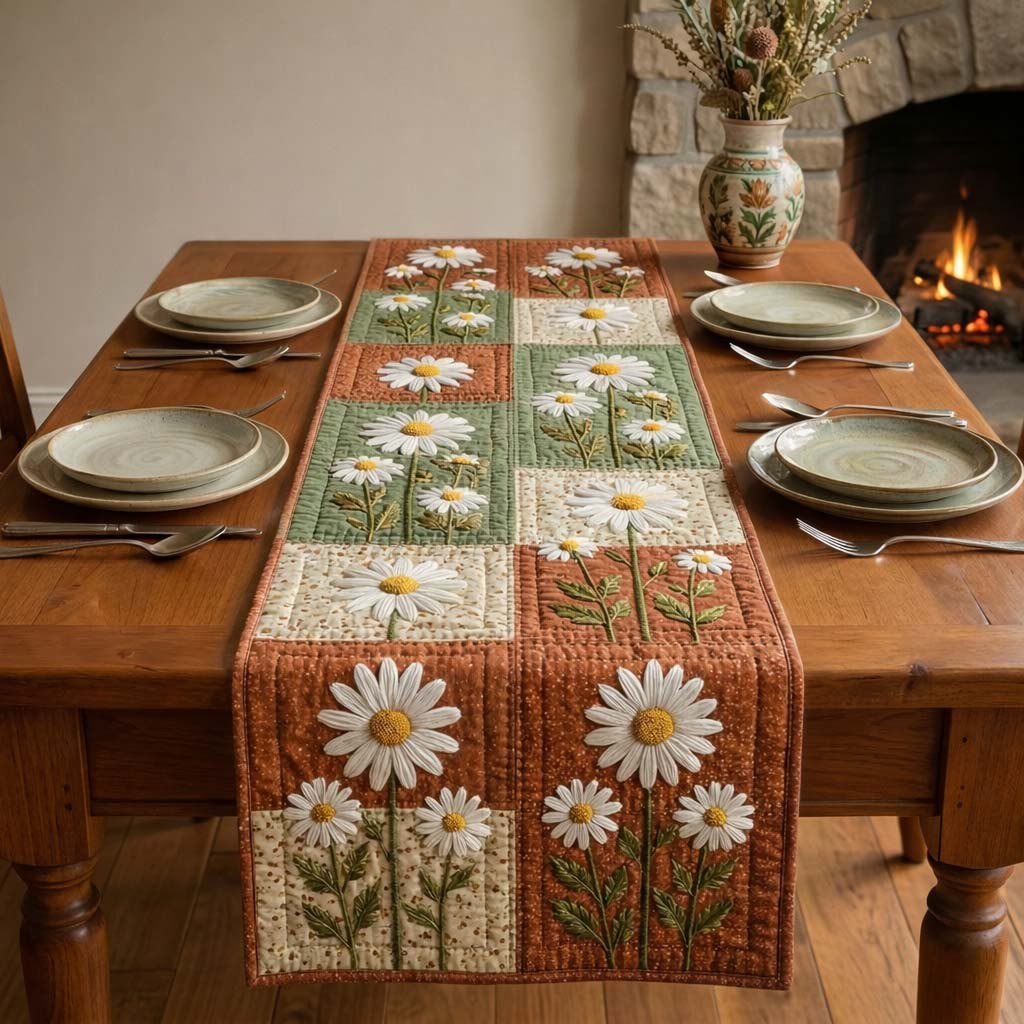 White Daisies on Green and Rust Table Runner