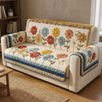 Folk Flowers on Cream Squares Sofa Cover