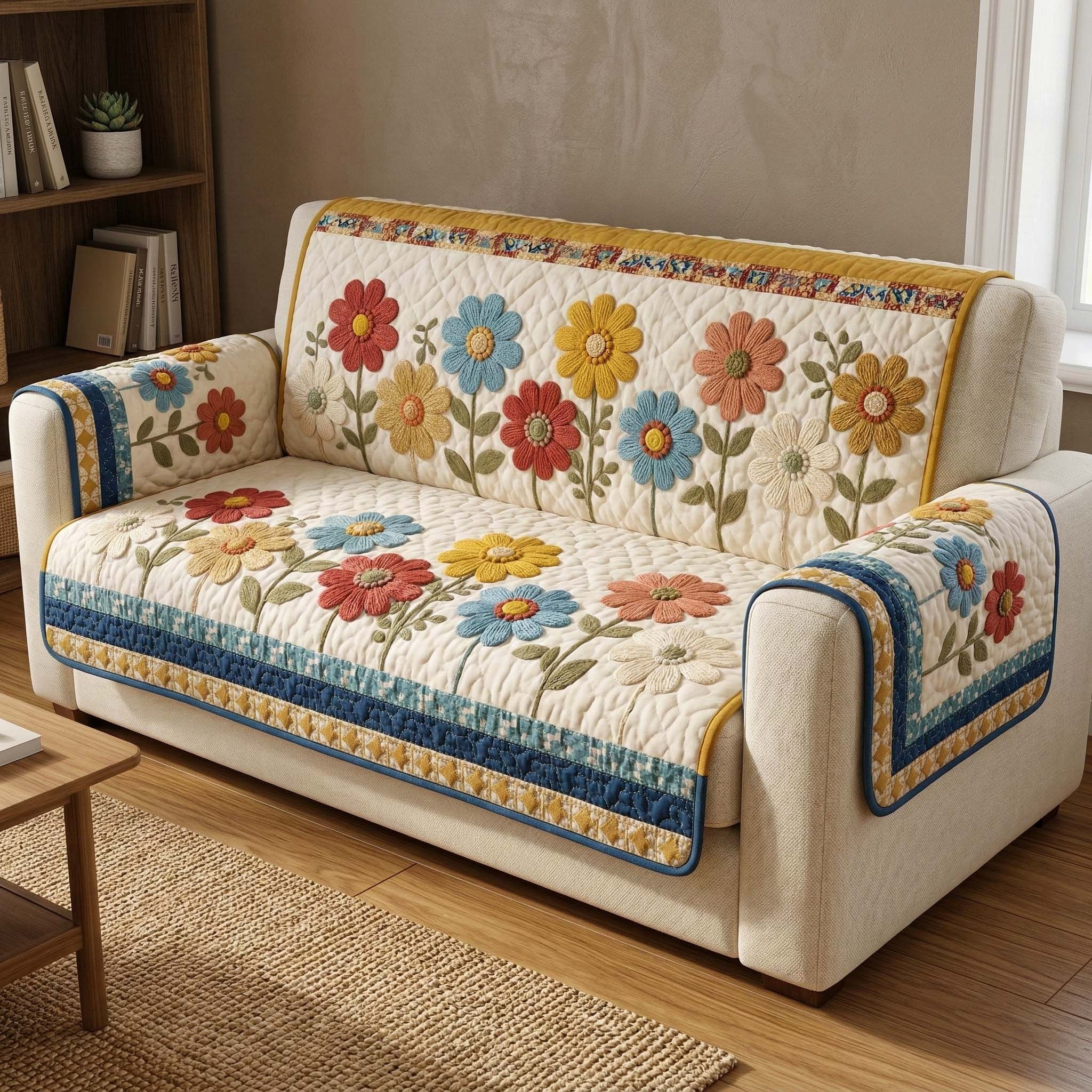 Folk Flowers on Cream Squares Sofa Cover