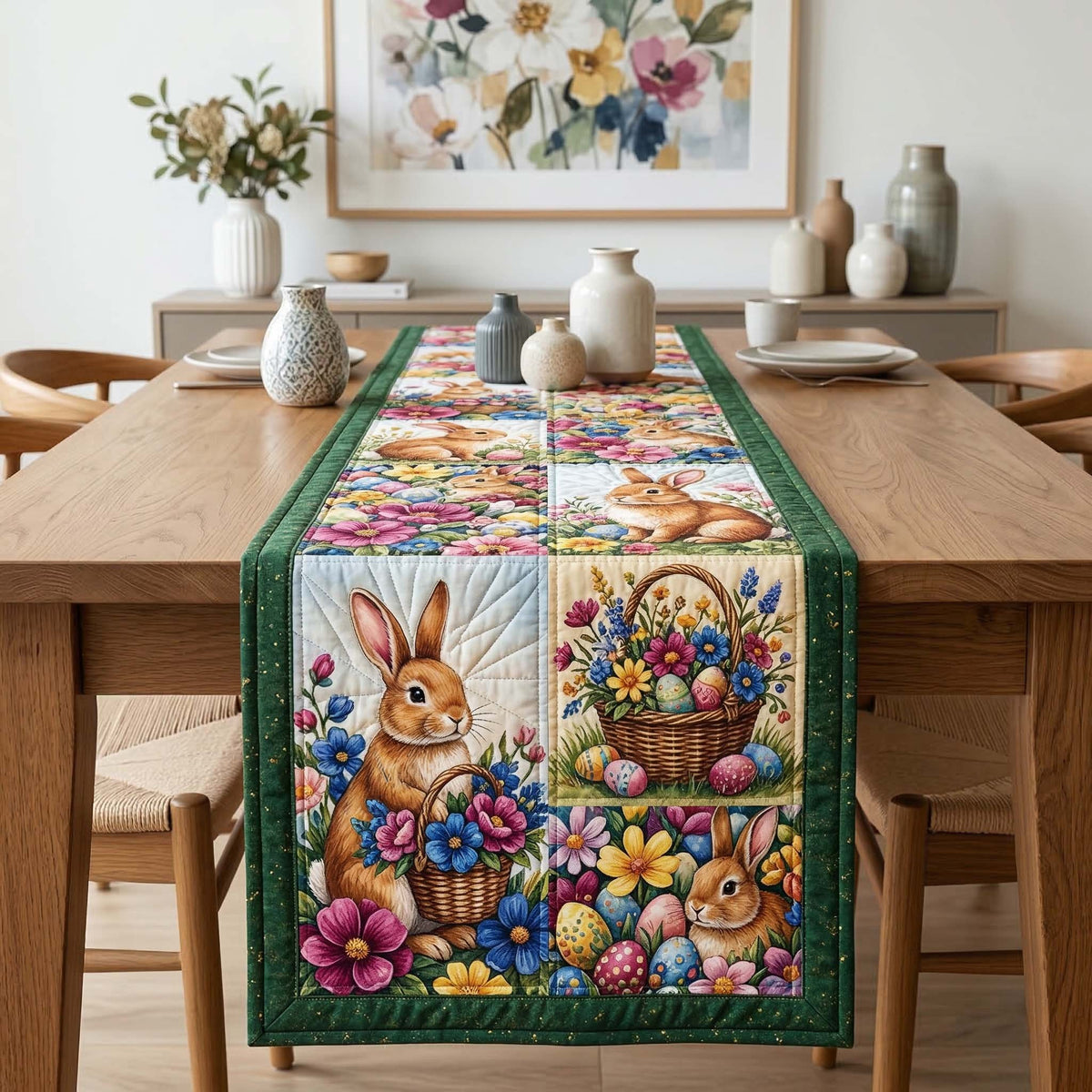 Bunny and Egg Basket Squares Table Runner