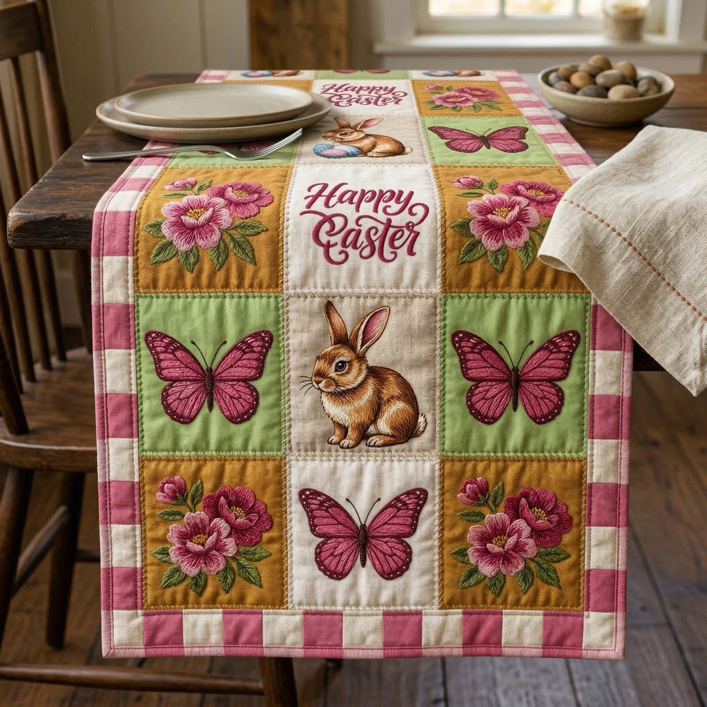 Happy Easter Blocks with Bunny and Butterflies Table Runner
