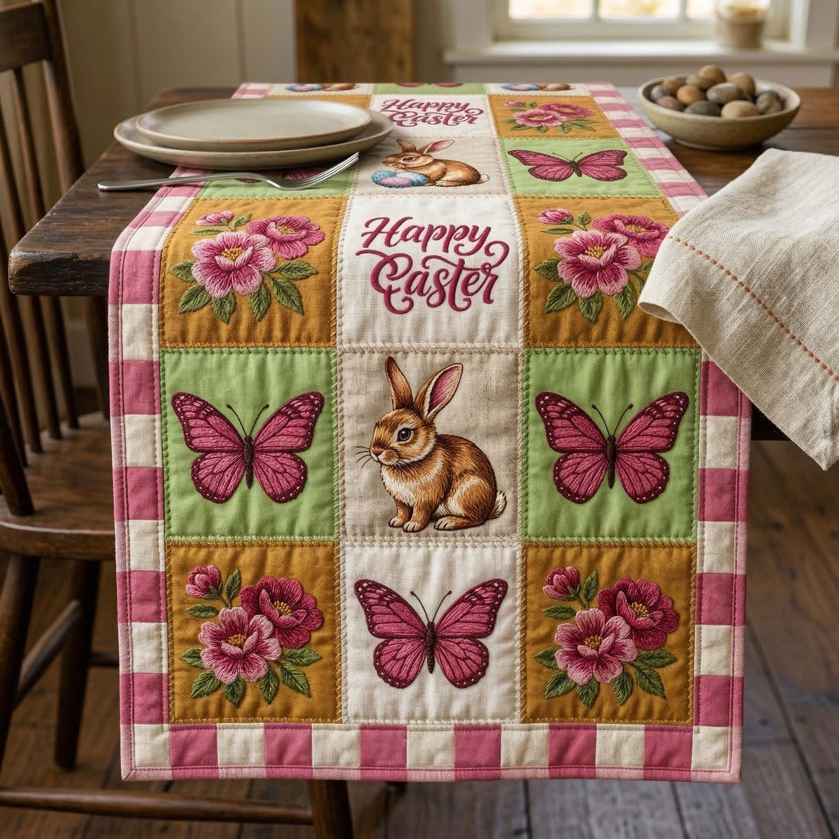 Happy Easter Blocks with Bunny and Butterflies Table Runner