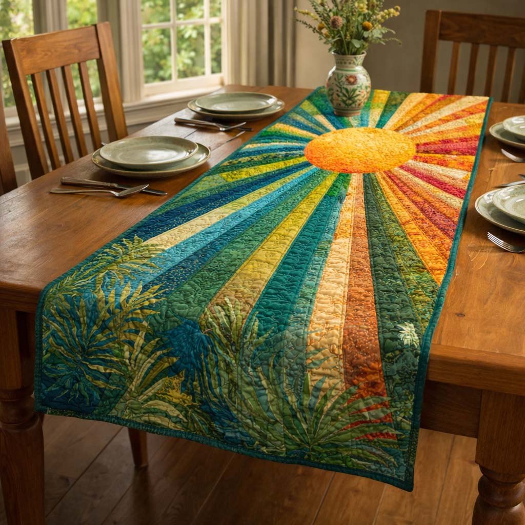 Orange Sun over Green Rays Table Runner