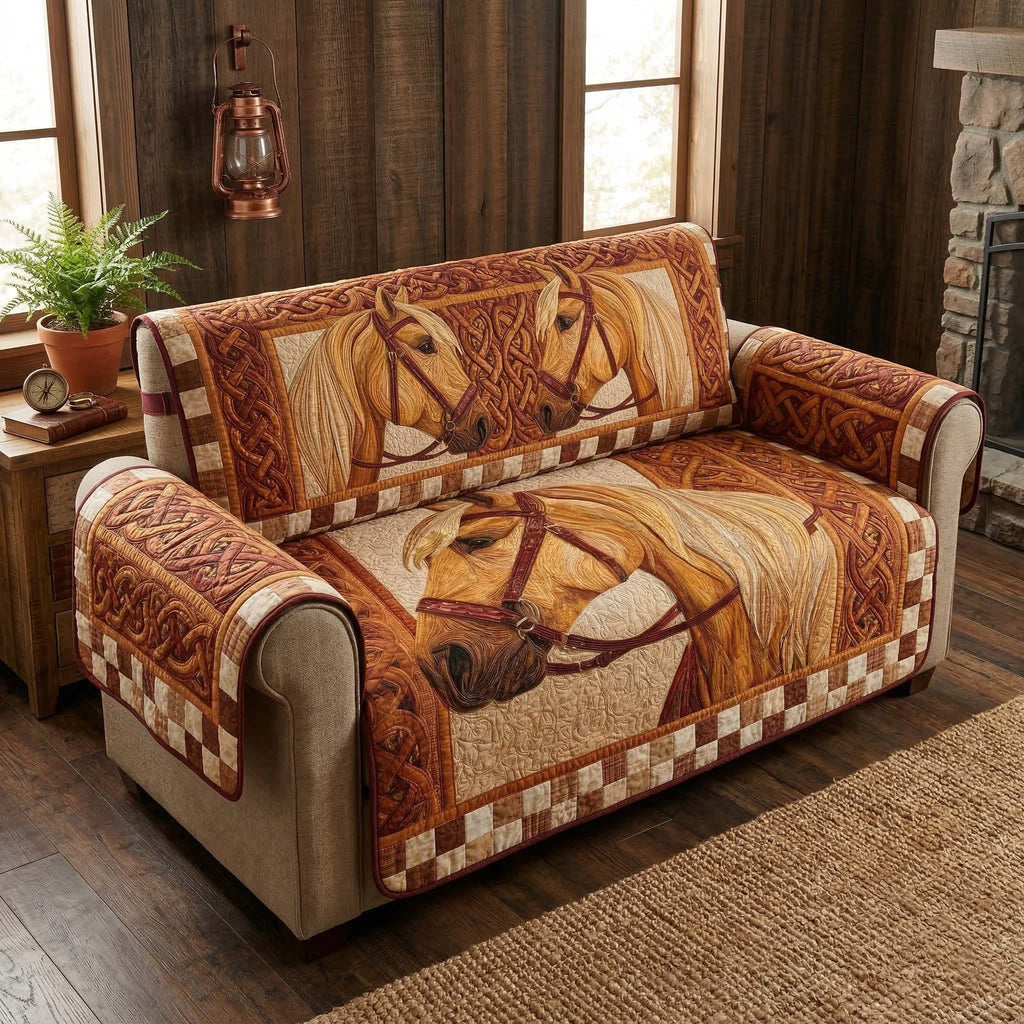 Horse Portrait on Tan Patchwork Sofa Cover