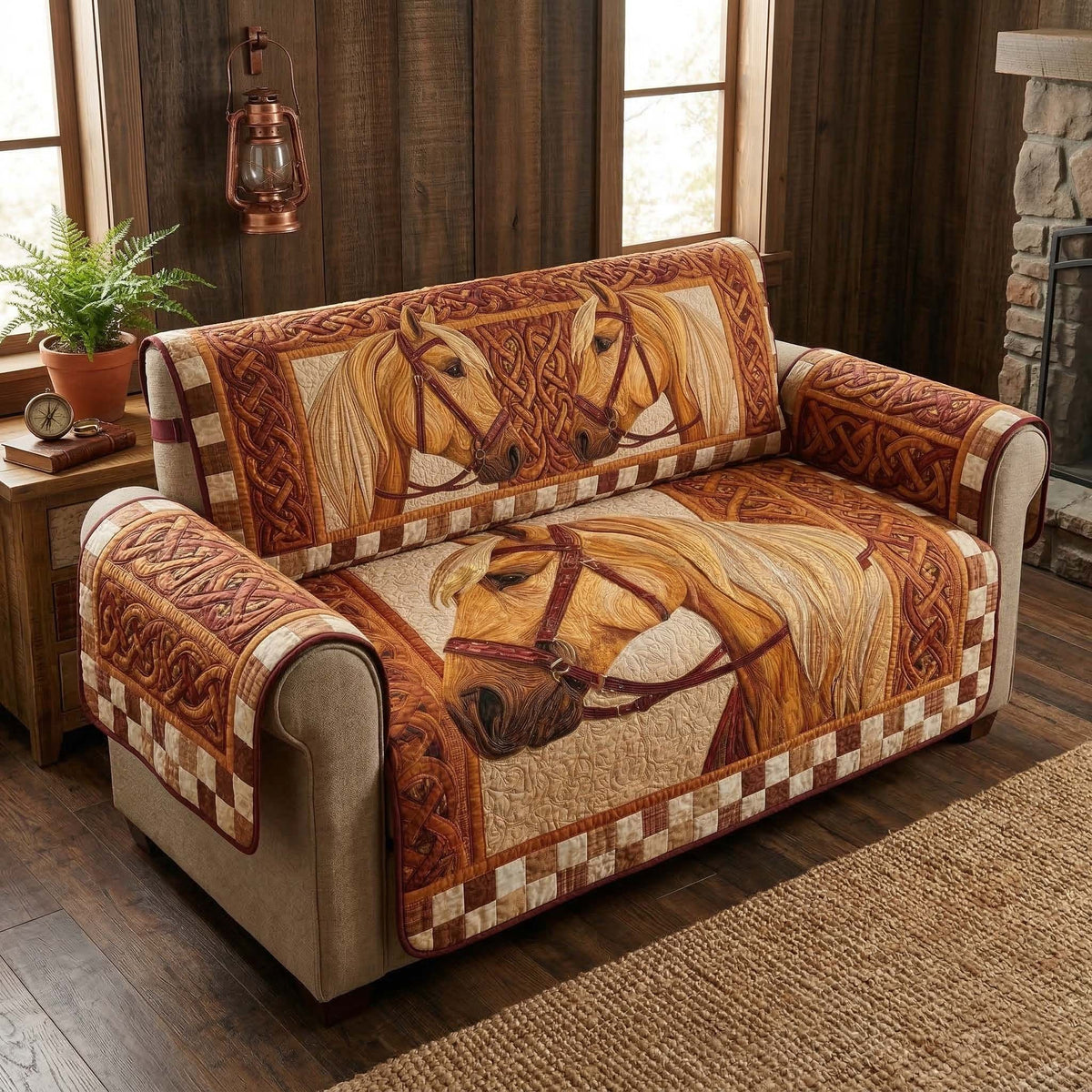 Horse Portrait on Tan Patchwork Sofa Cover