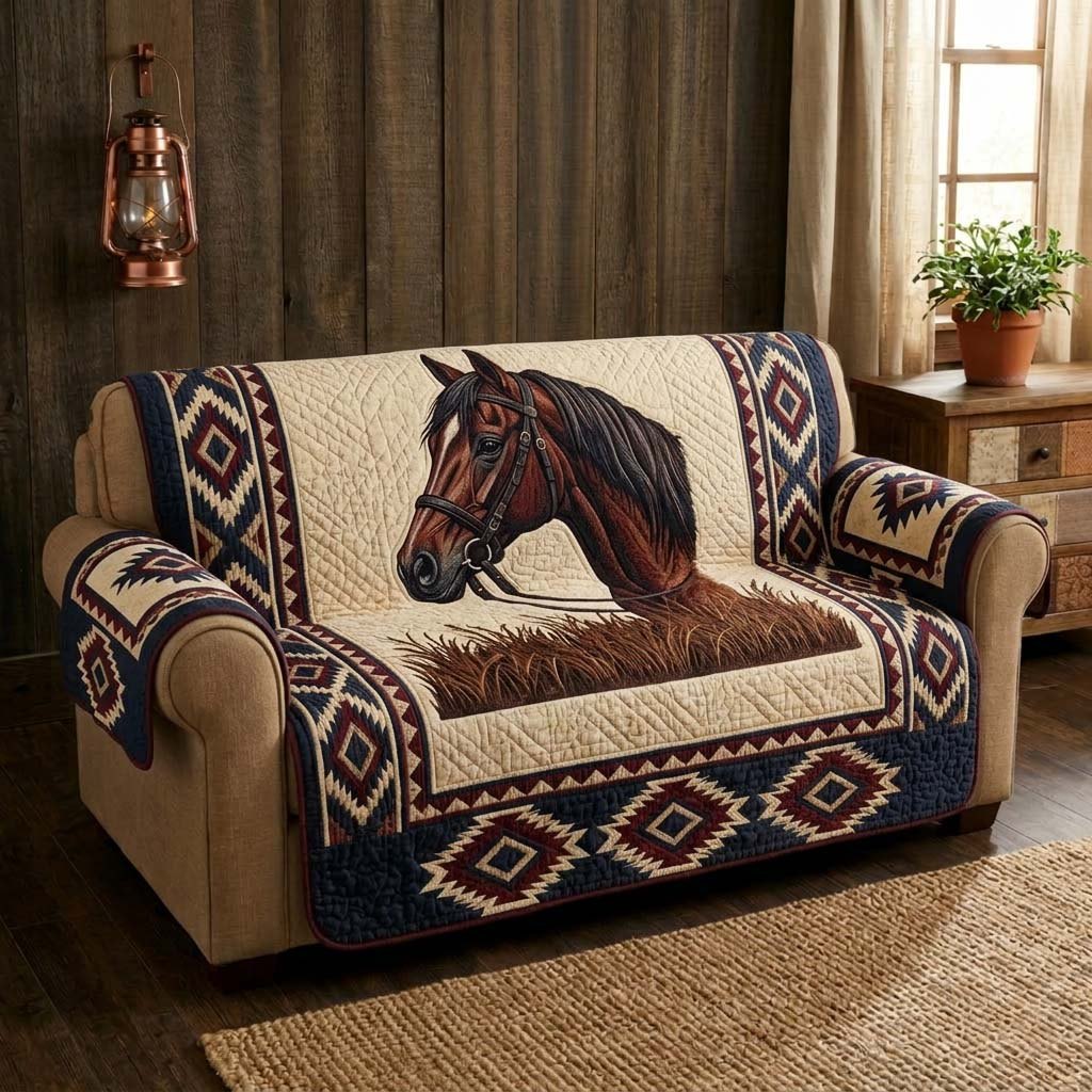 Horse on the Navy Southwestern Weave Sofa Cover