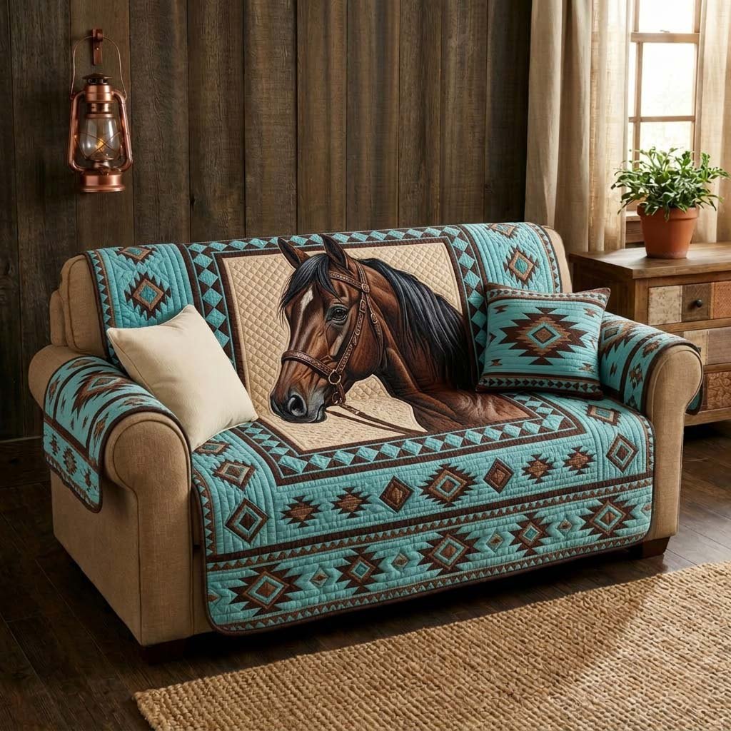 Horse on Turquoise Aztec Stripes Sofa Cover