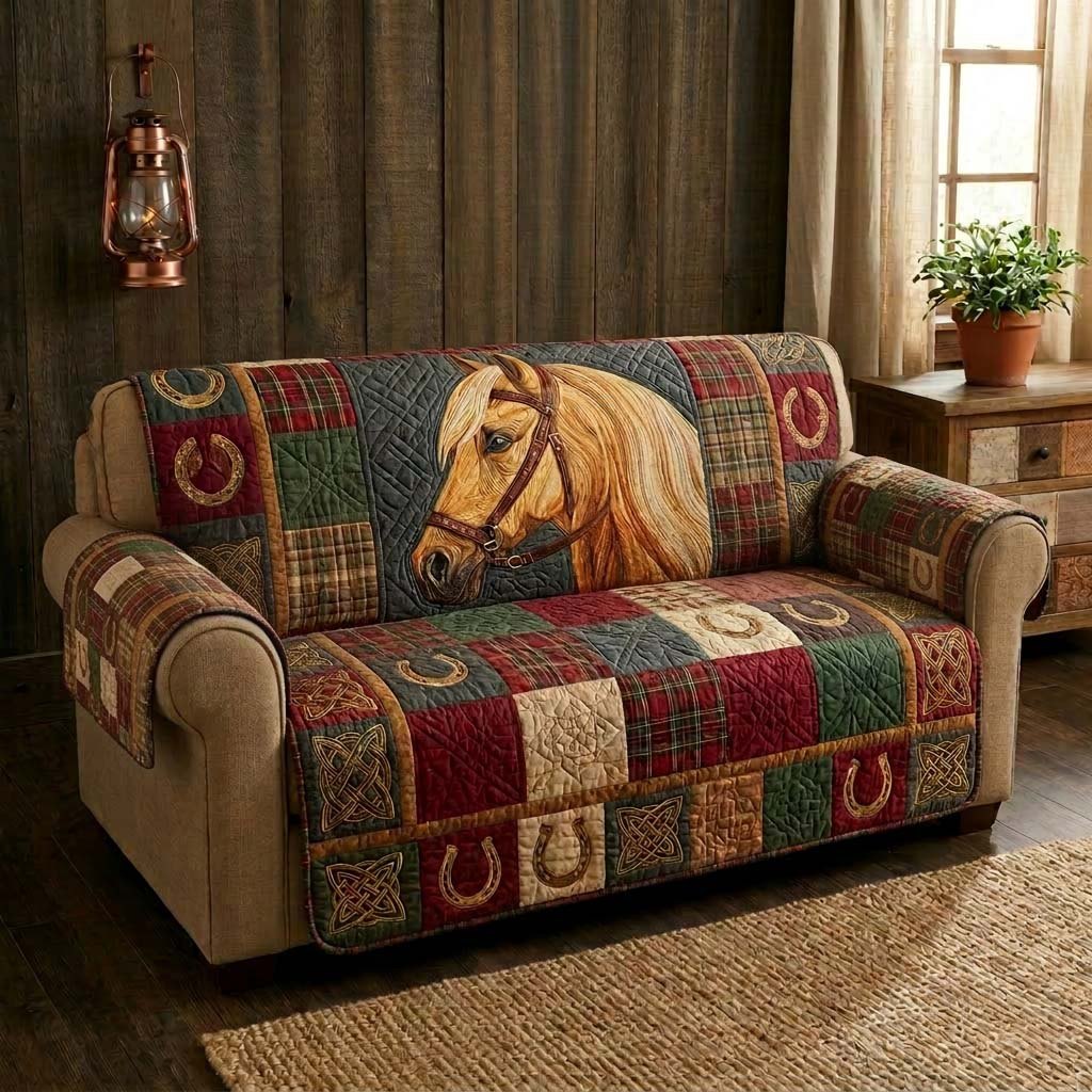 Horse and Horseshoes on Plaid Blocks Sofa Cover