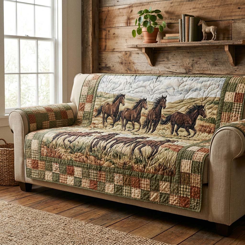 Horses Running Across the Green Patchwork Sofa Cover