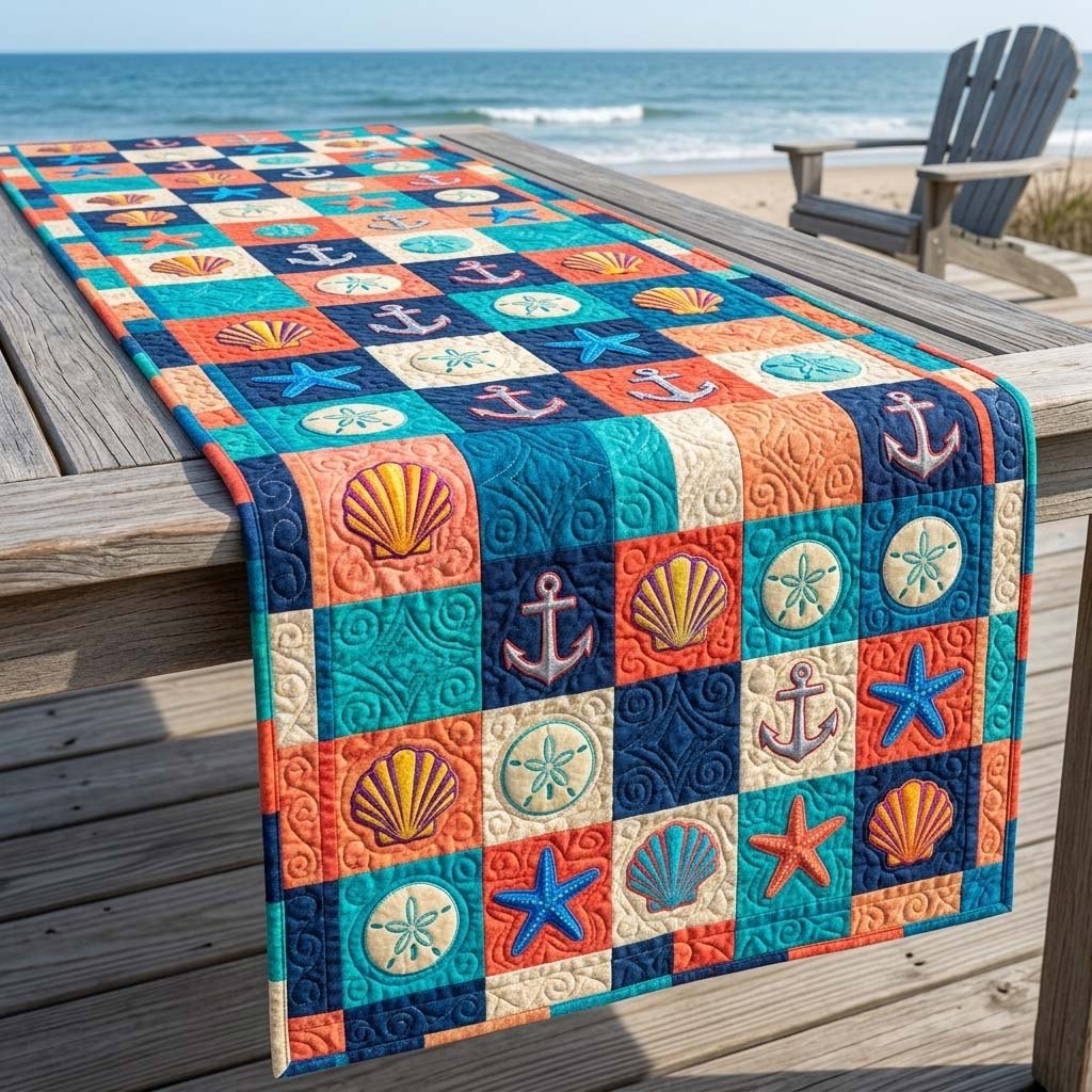 Anchors Shells and Starfish Checkerboard Table Runner