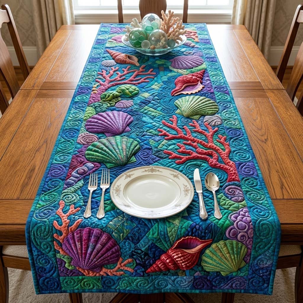 Shells and Coral on Deep Blue Table Runner