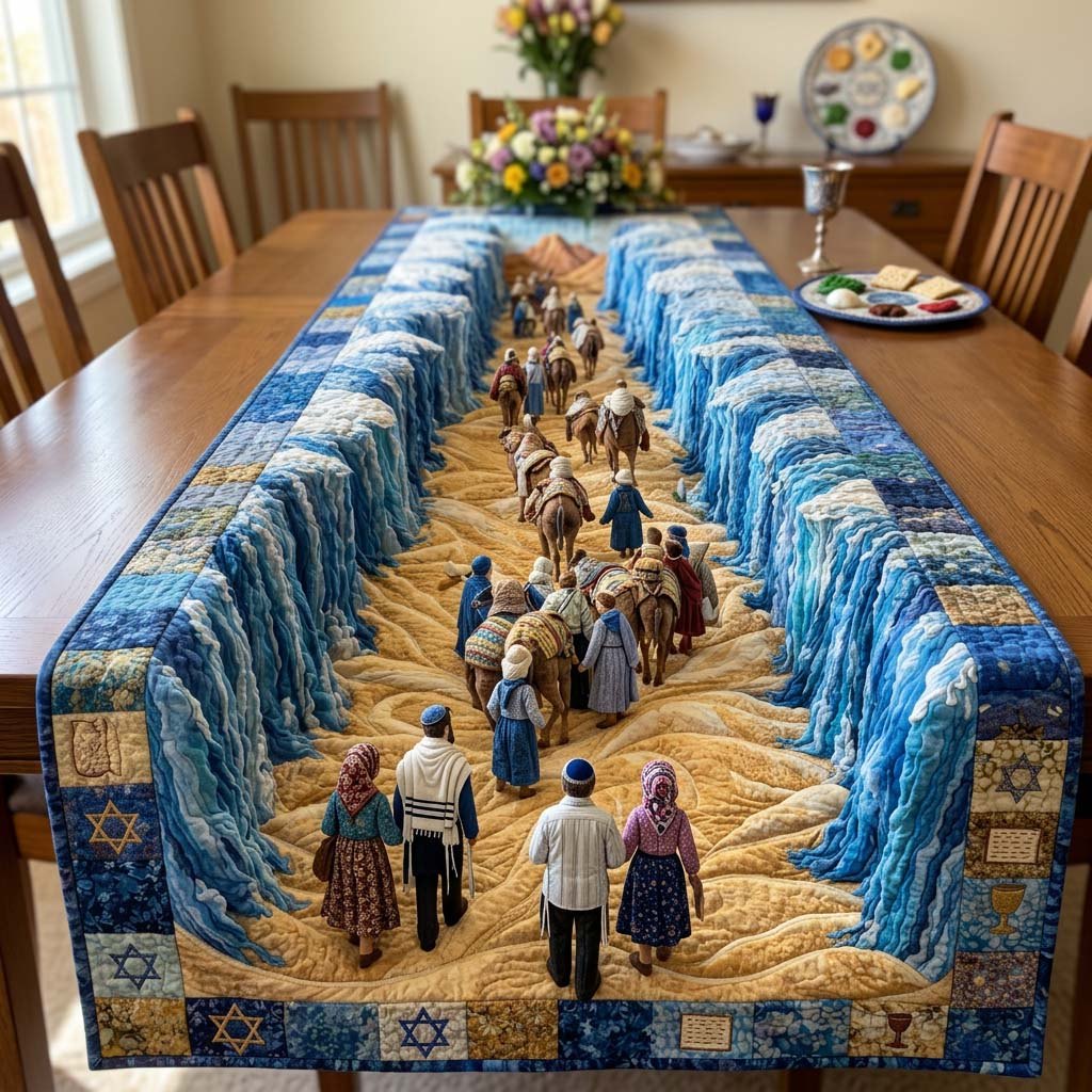 People Walking Between Towering Waves Table Runner
