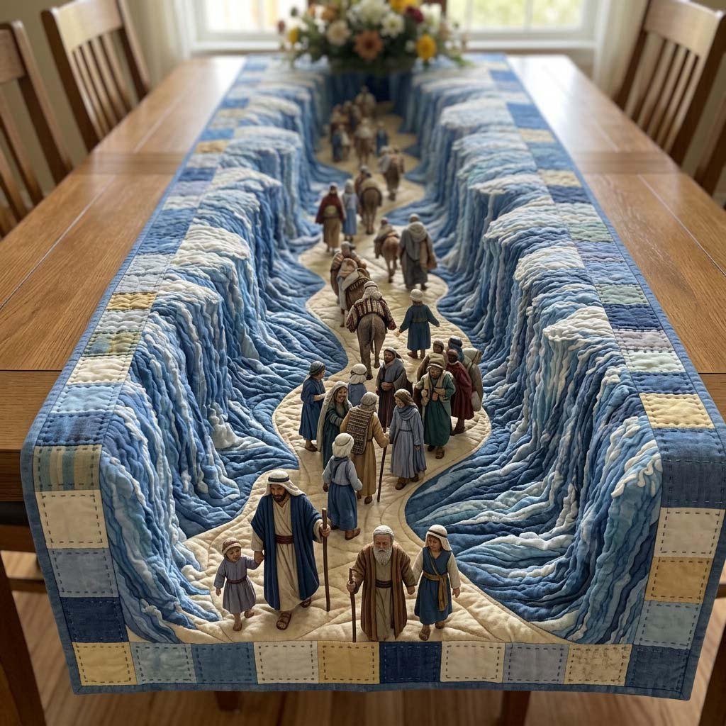 Family Walking Through Blue Walls Table Runner
