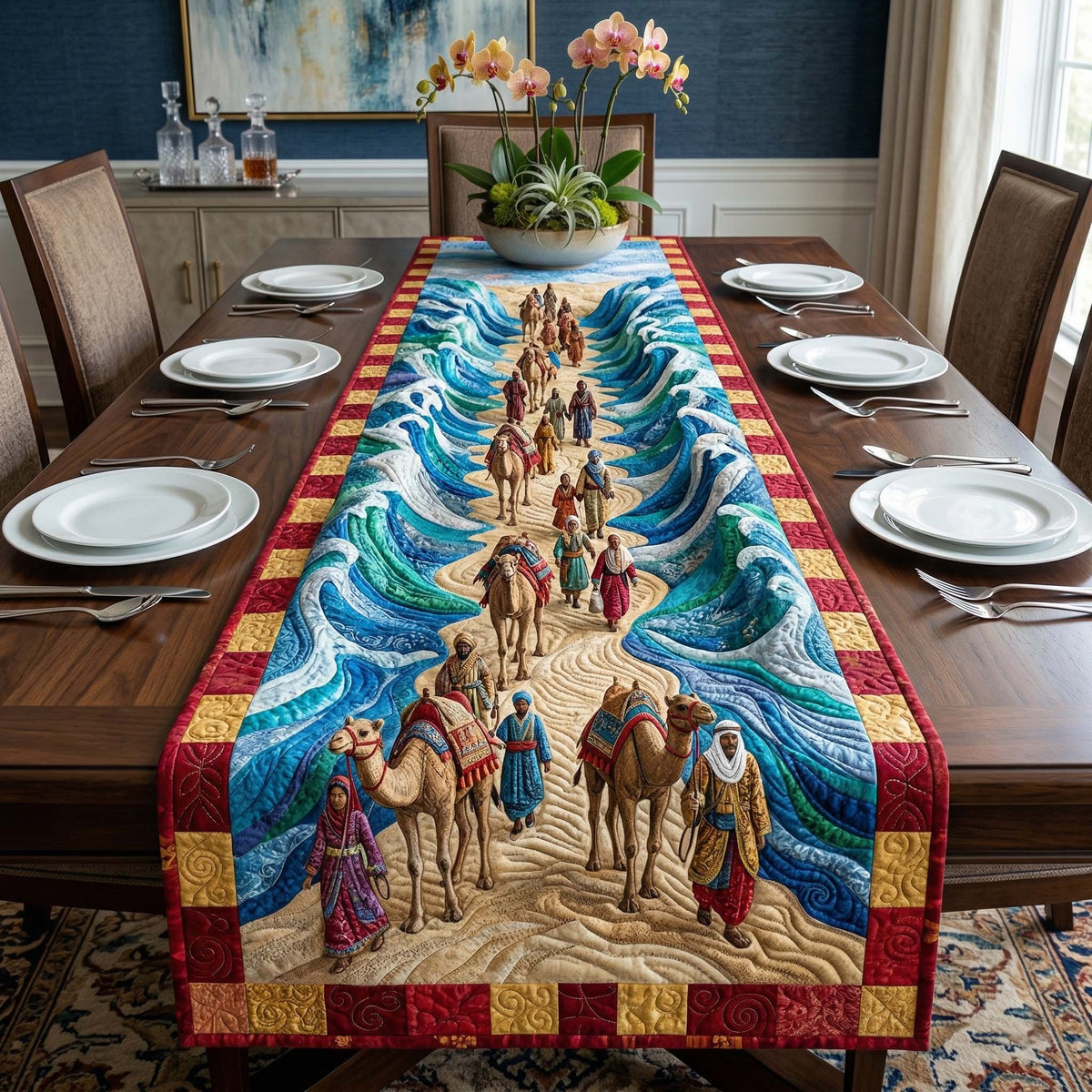 Camel Caravan with Red Border Table Runner