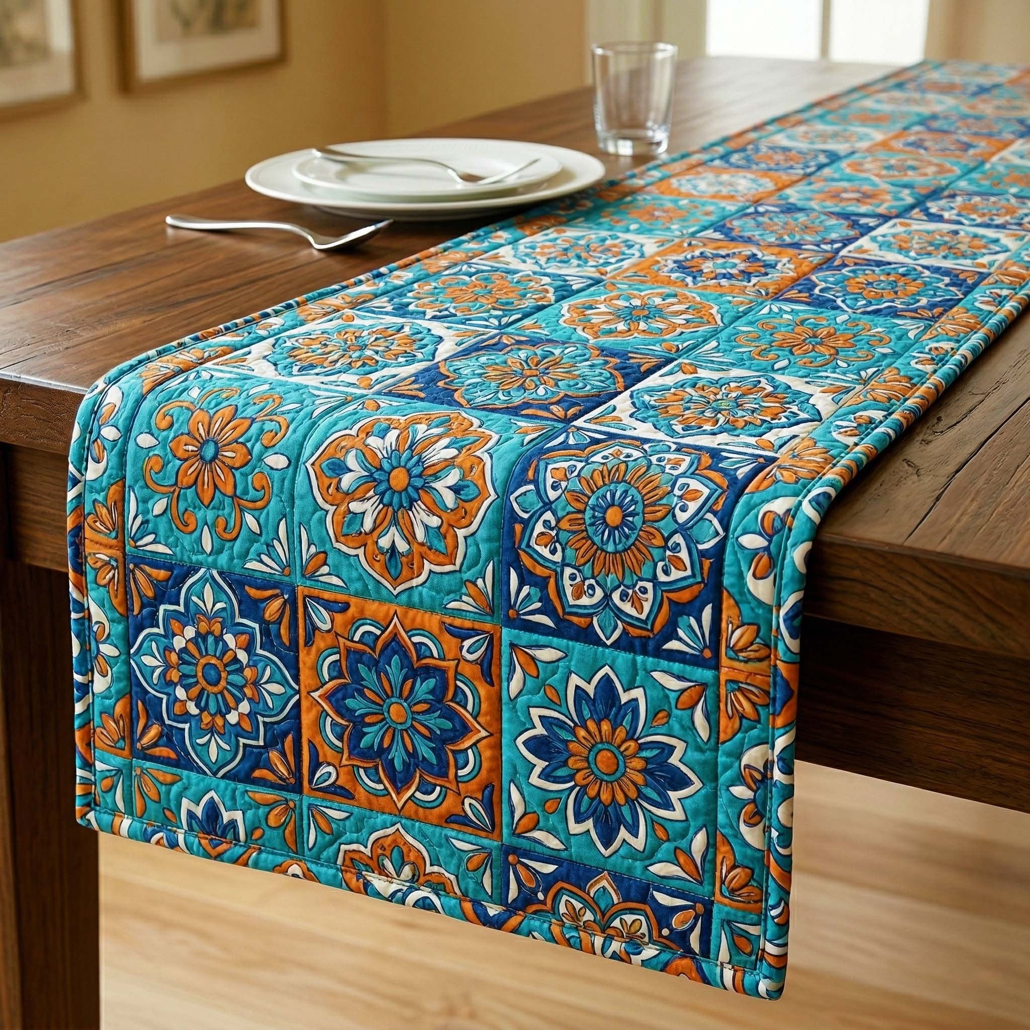Teal Mandala Tiles Table Runner