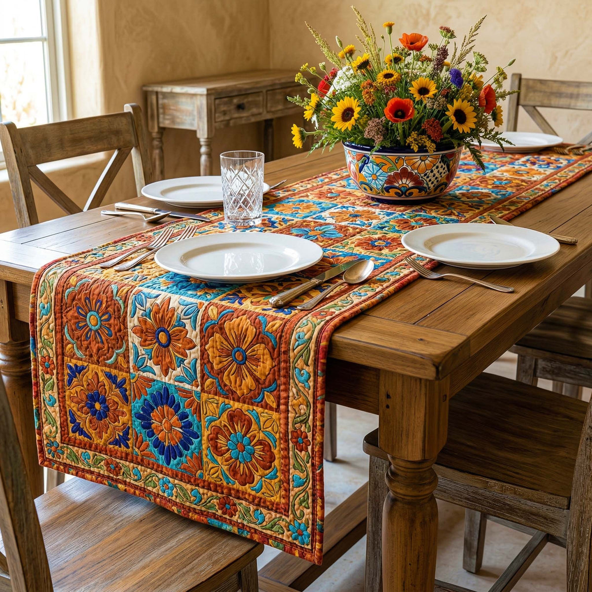 Orange Floral Medallion Tiles Table Runner