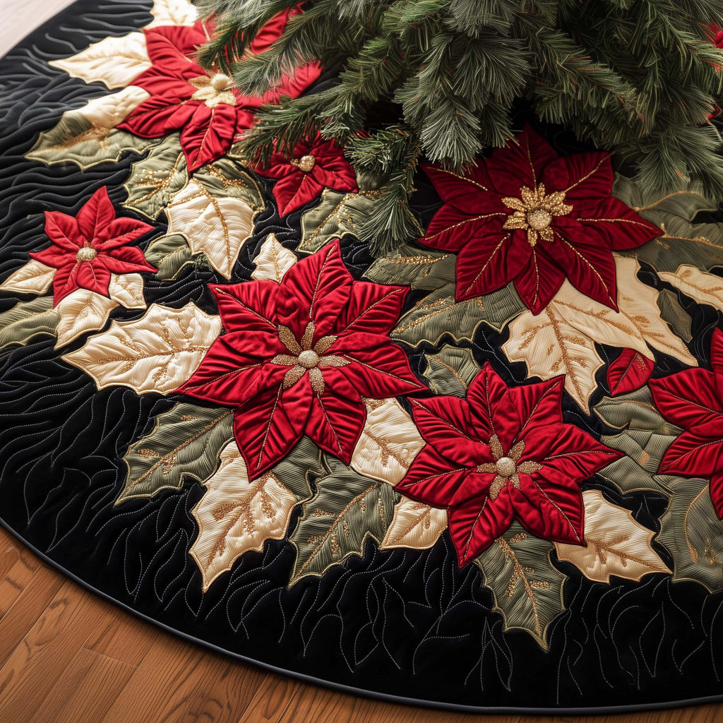 Red Poinsettias on Black Christmas Tree Skirt