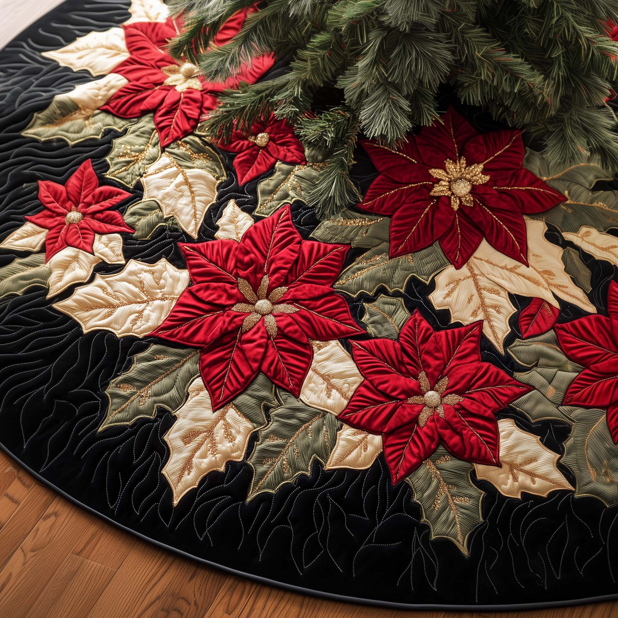 Red Poinsettias on Black Christmas Tree Skirt