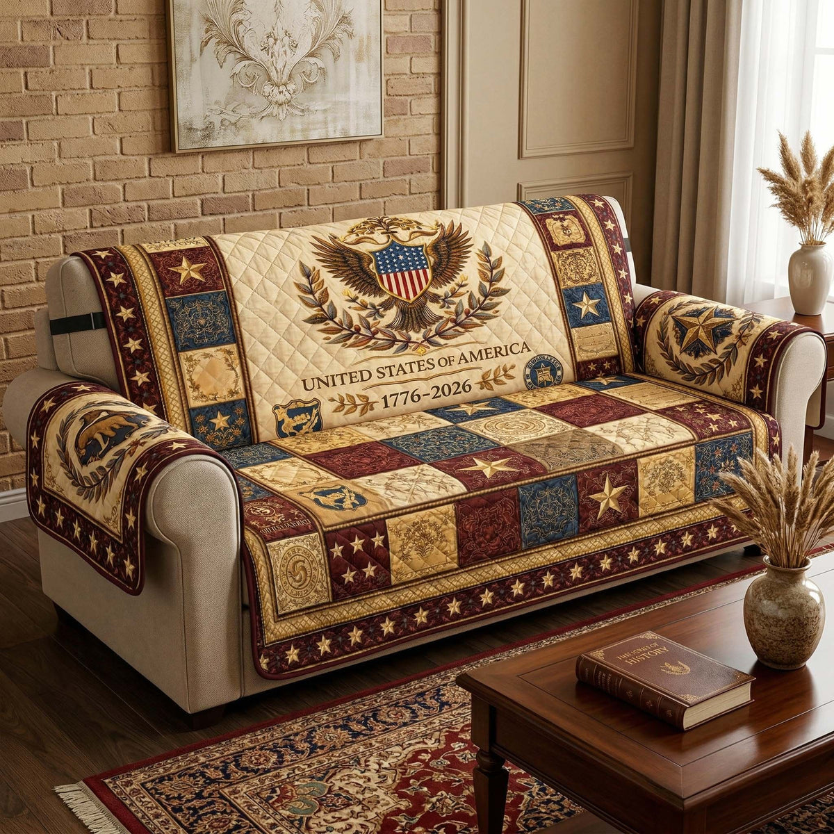 Eagle Crest on Cream and Star Panels Sofa Cover
