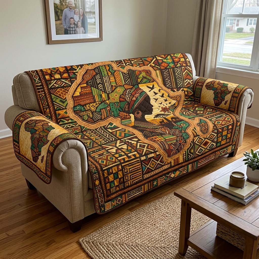 Golden Tribal Pattern with Village Motifs Sofa Cover
