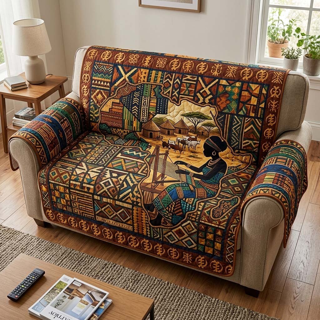 Village Scene in Woven Earth Tones Sofa Cover