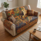 Woman in Profile on Tribal Weave Sofa Cover