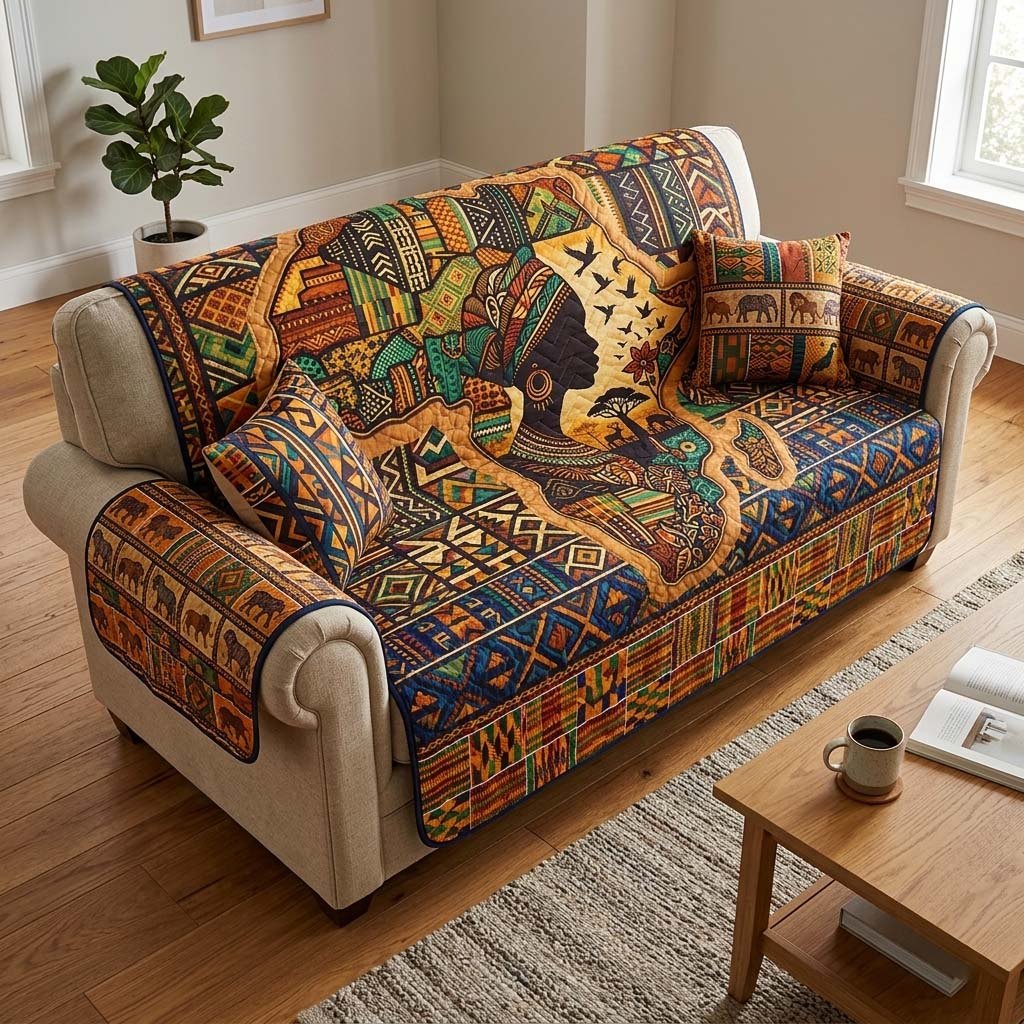 Woman in Profile on Tribal Weave Sofa Cover