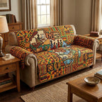 Village Figures on Patterned Cloth Sofa Cover