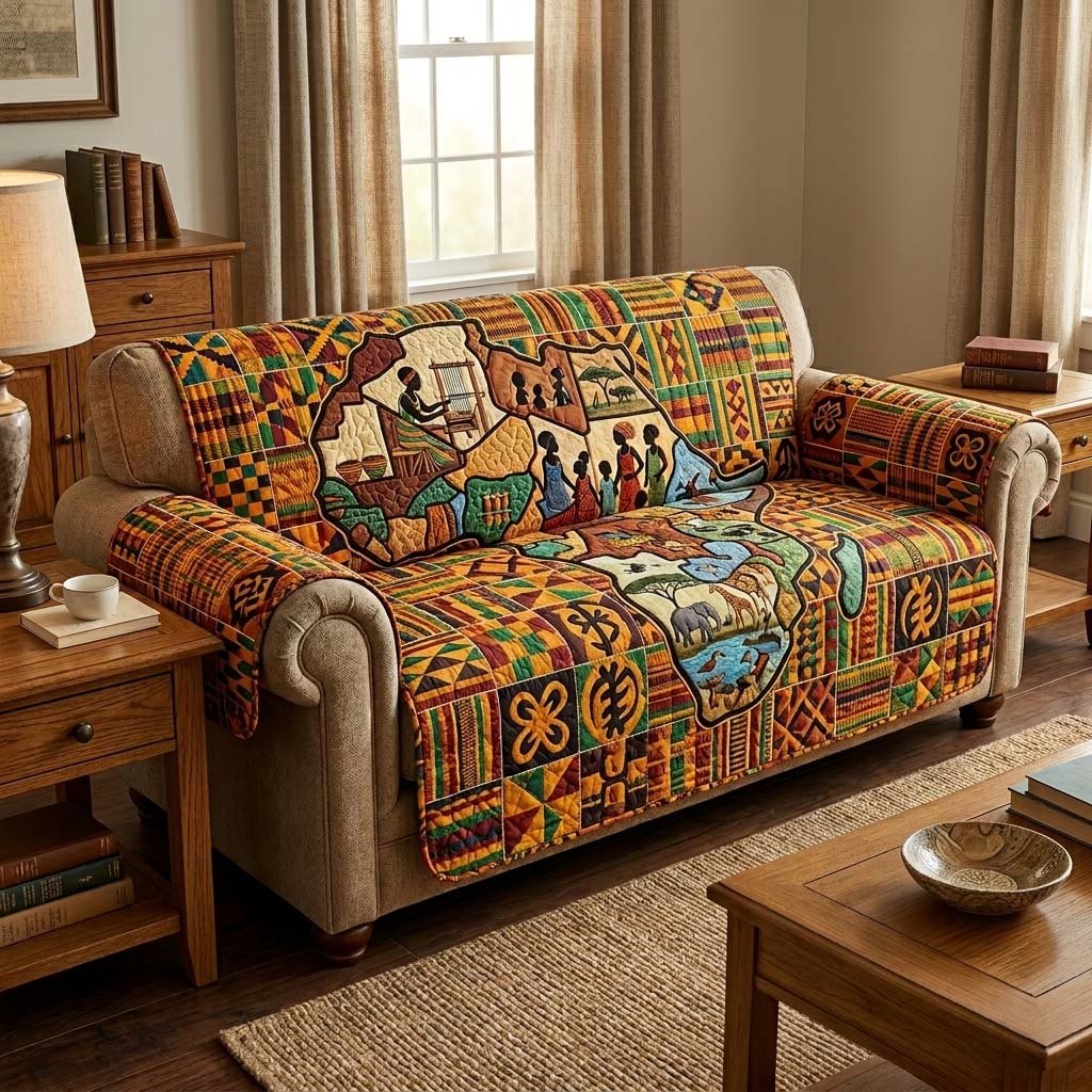 Village Figures on Patterned Cloth Sofa Cover